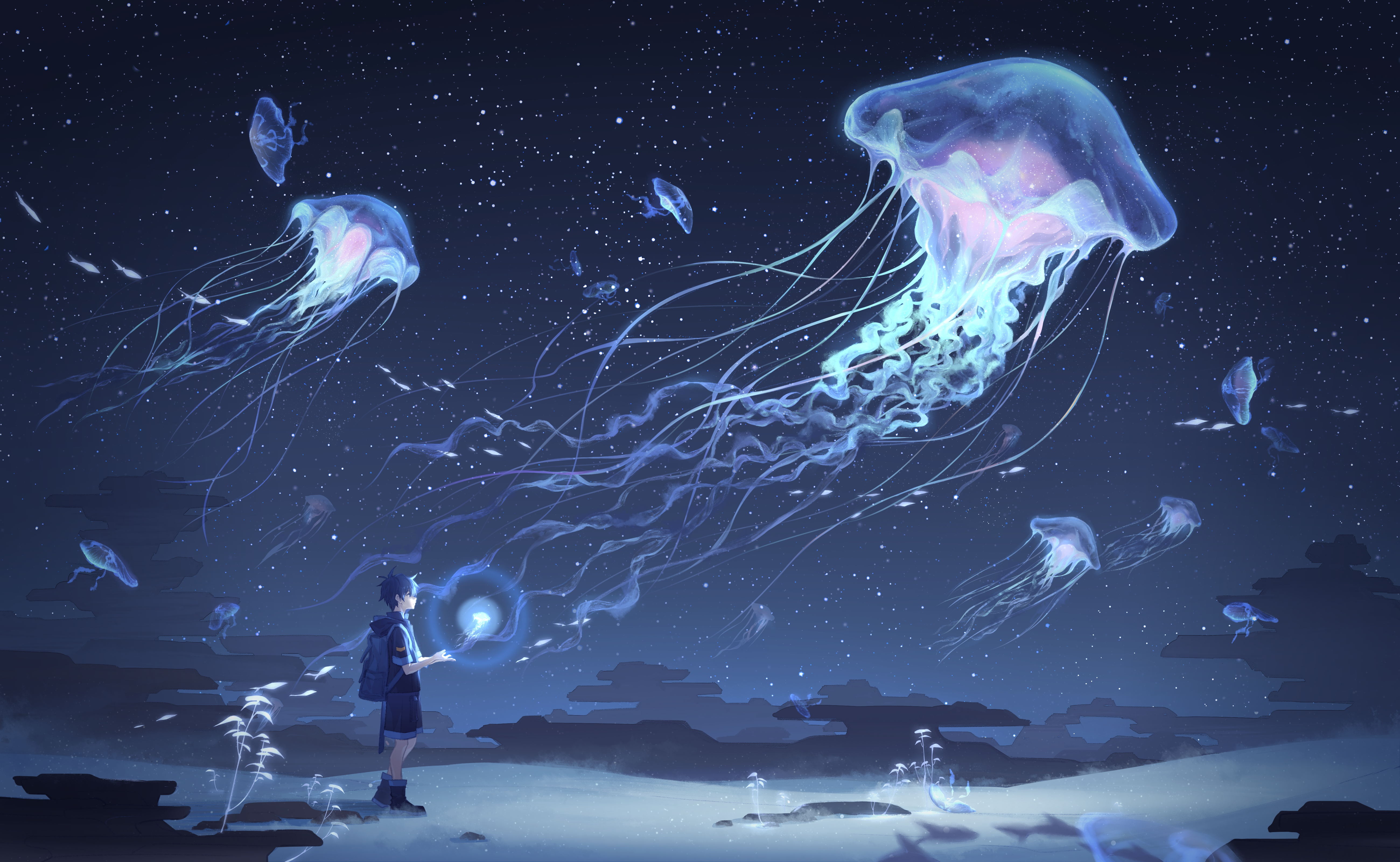 Anime boy with glowing orb and ethereal jellyfish in starry sky HD Wallpaper