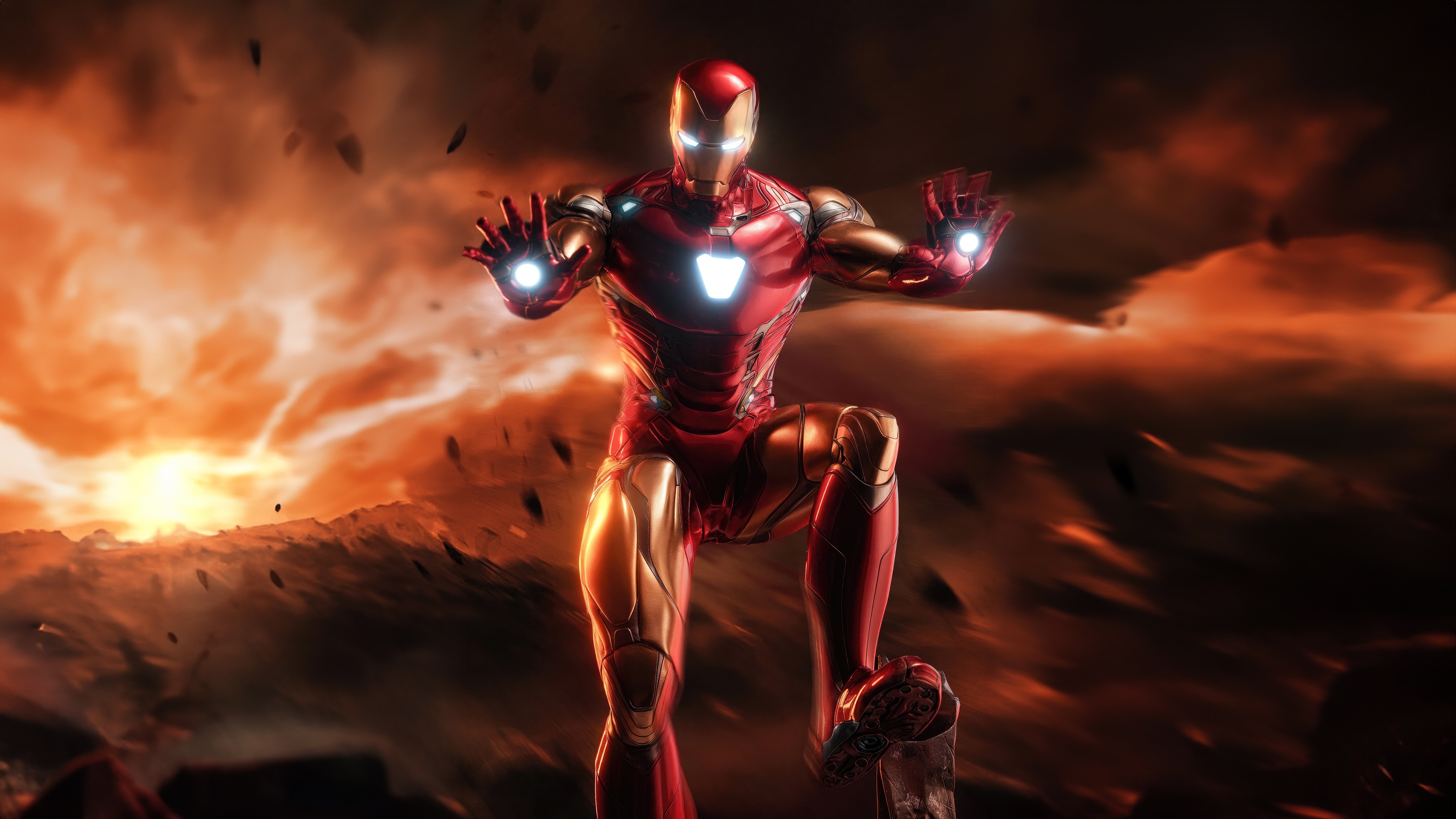 Iron Man in a fiery, apocalyptic landscape HD Wallpaper