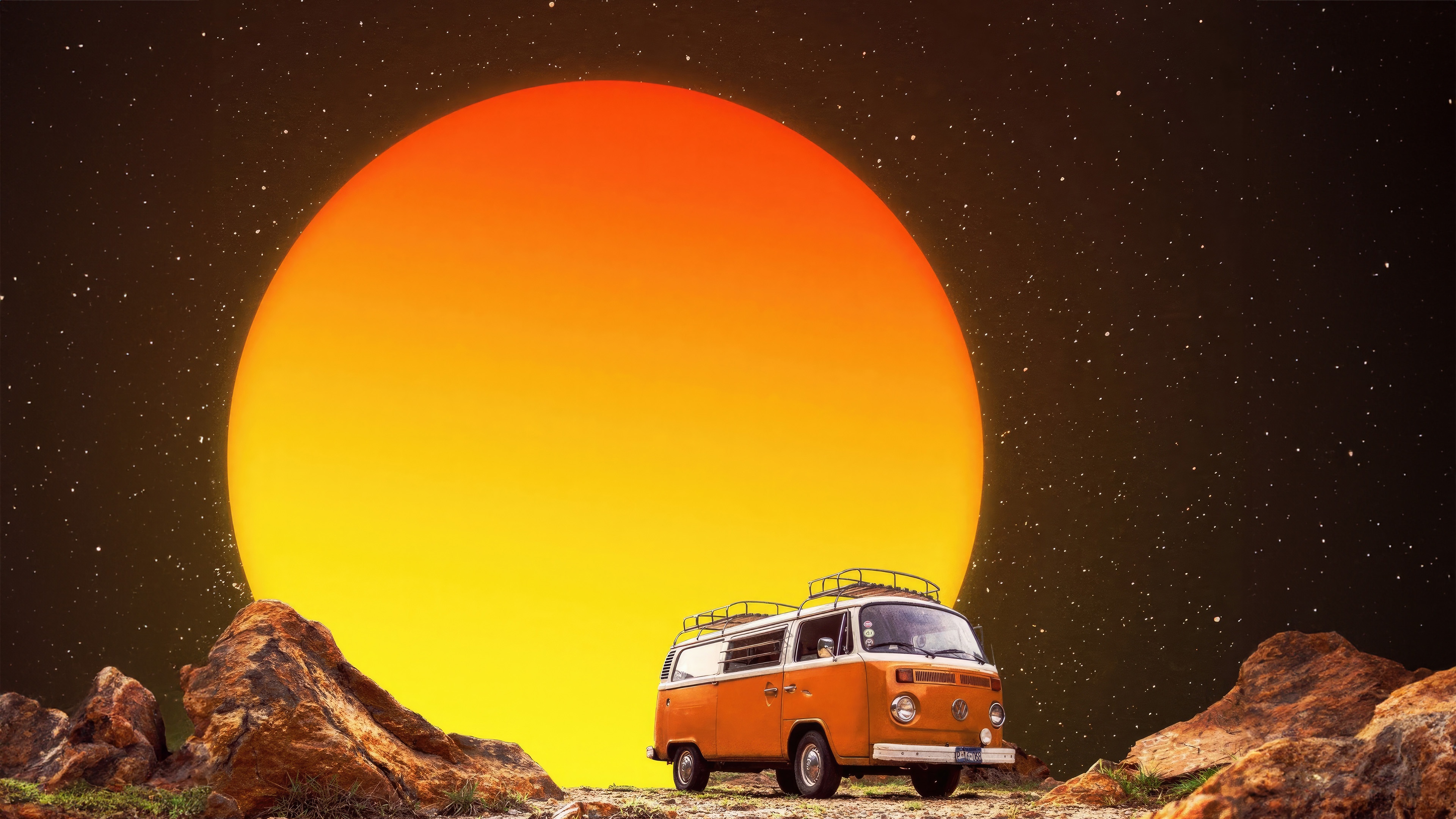 Orange Van parked in front of a giant sun HD Wallpaper