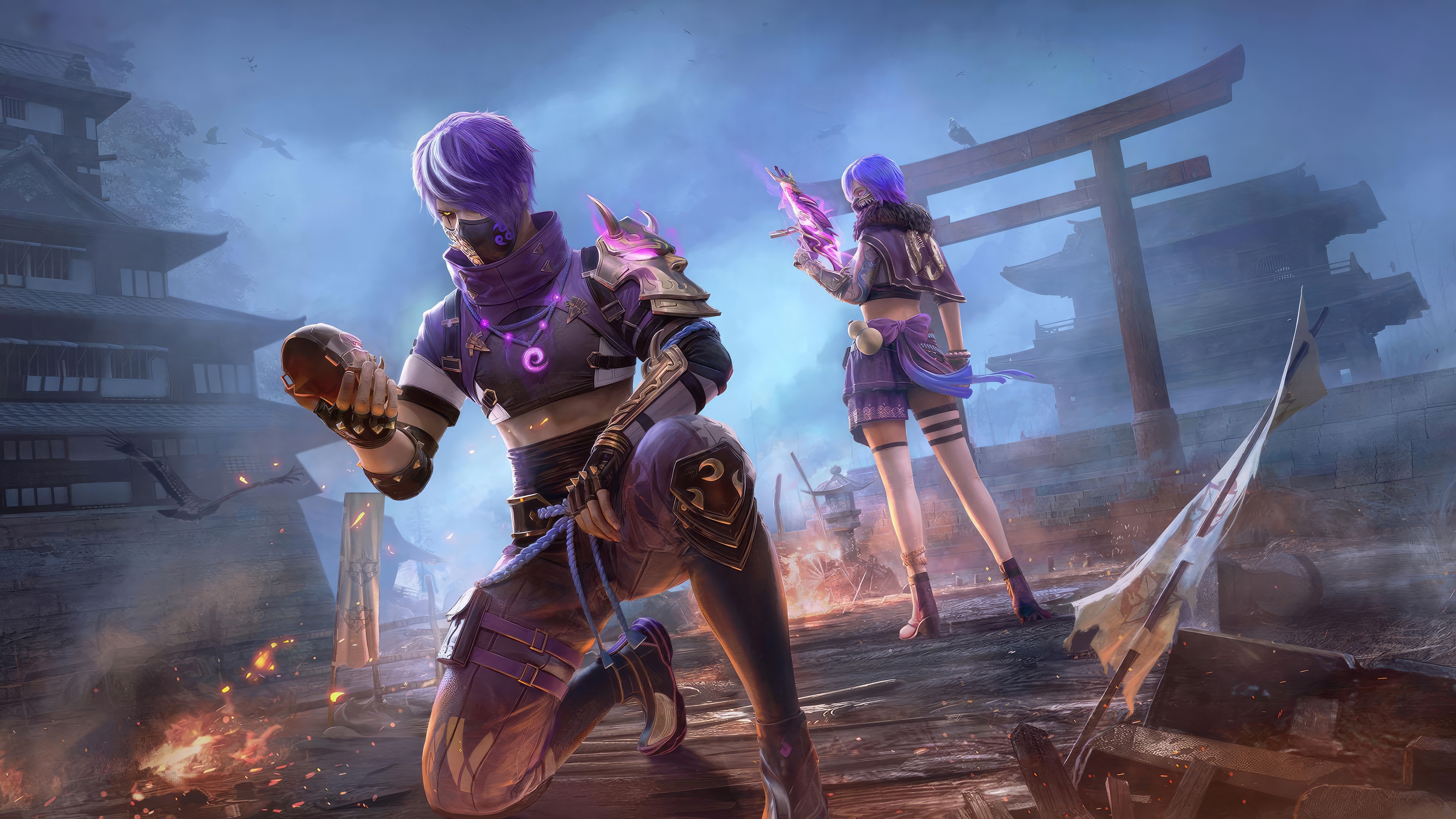 Garena Free Fire characters in a Japanese setting HD Wallpaper