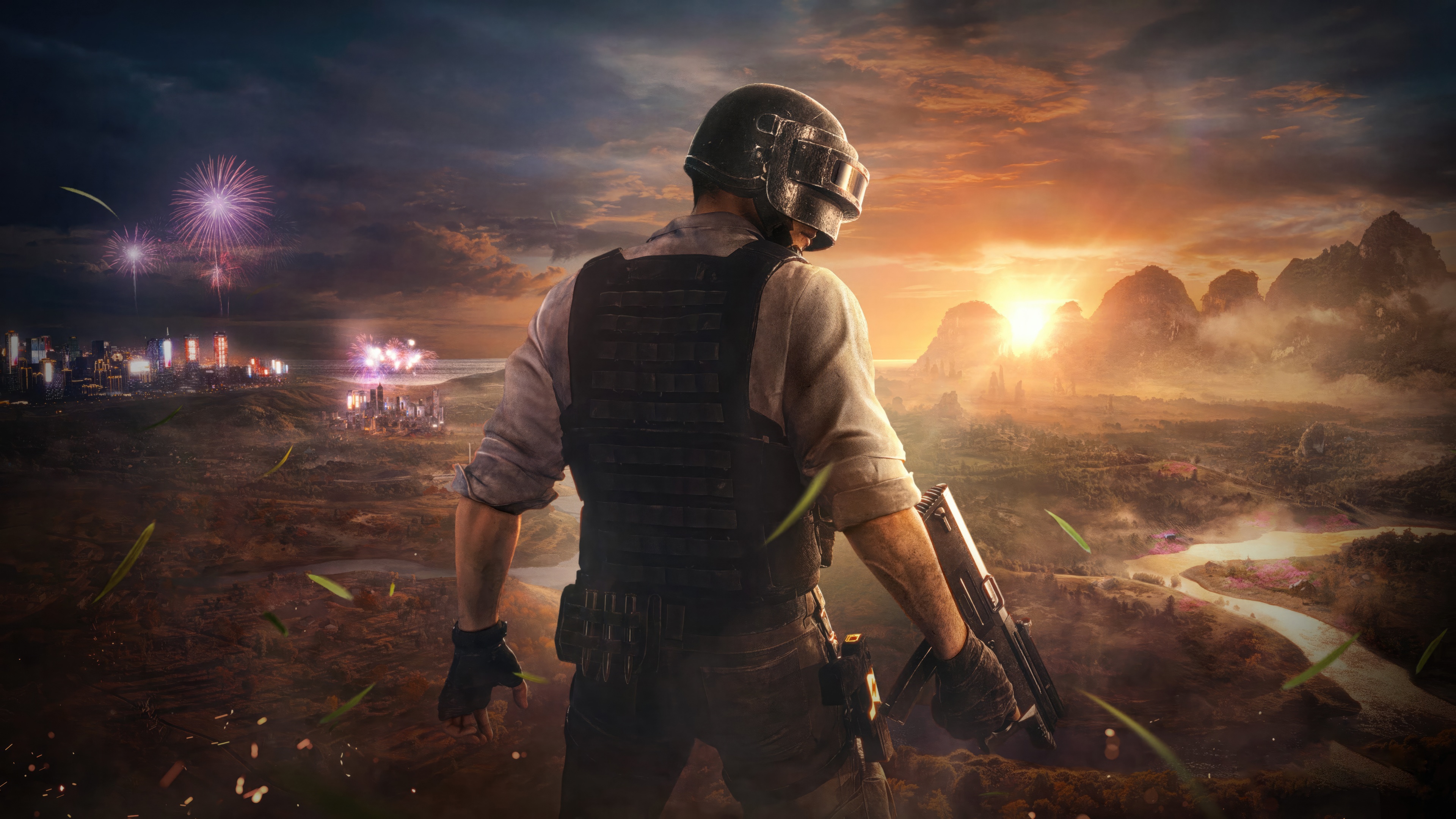 PUBG Soldier Overlooking Cityscape and Mountains HD Wallpaper