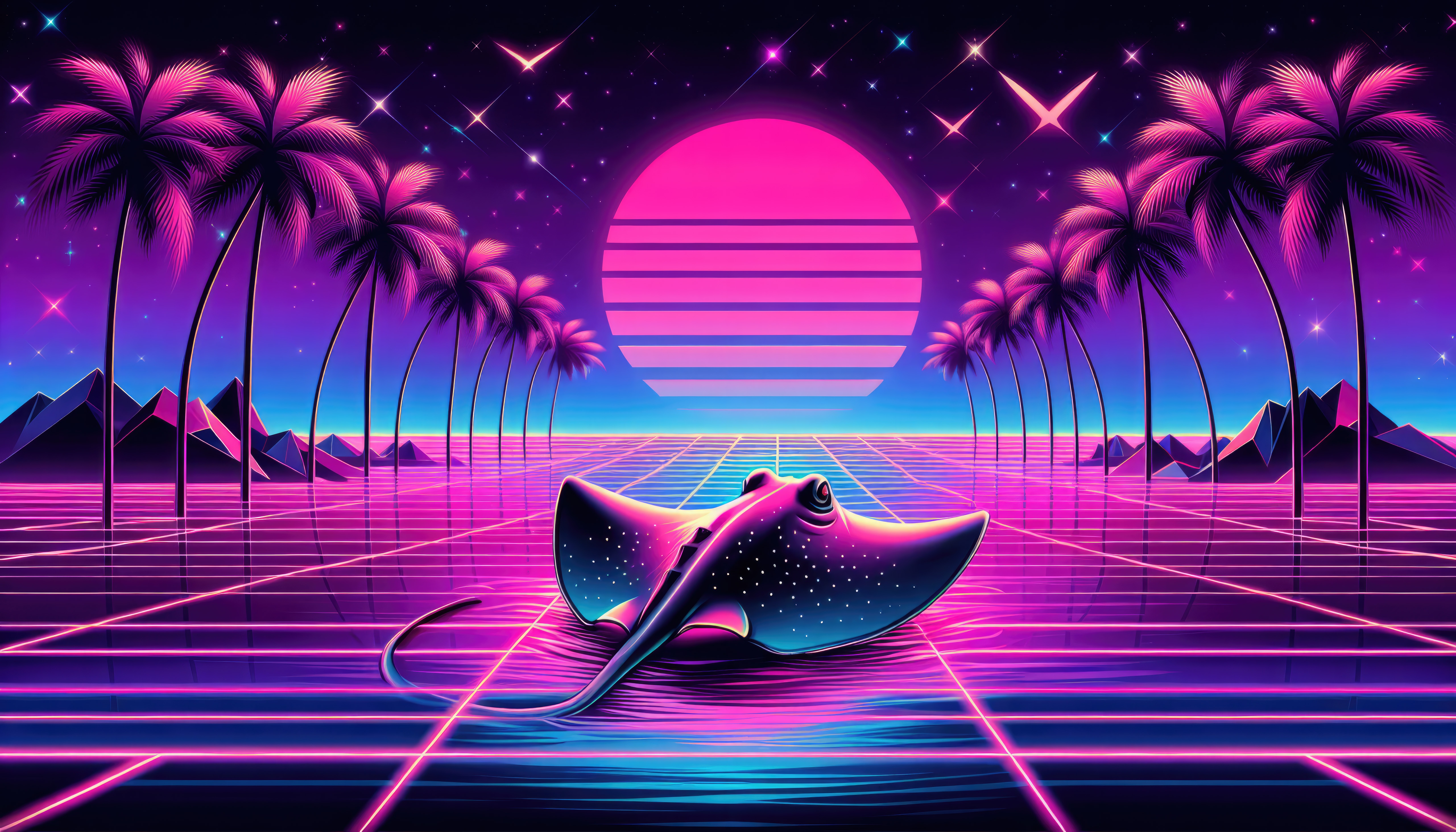 Stingray on a neon grid with palm trees and sunset HD Wallpaper