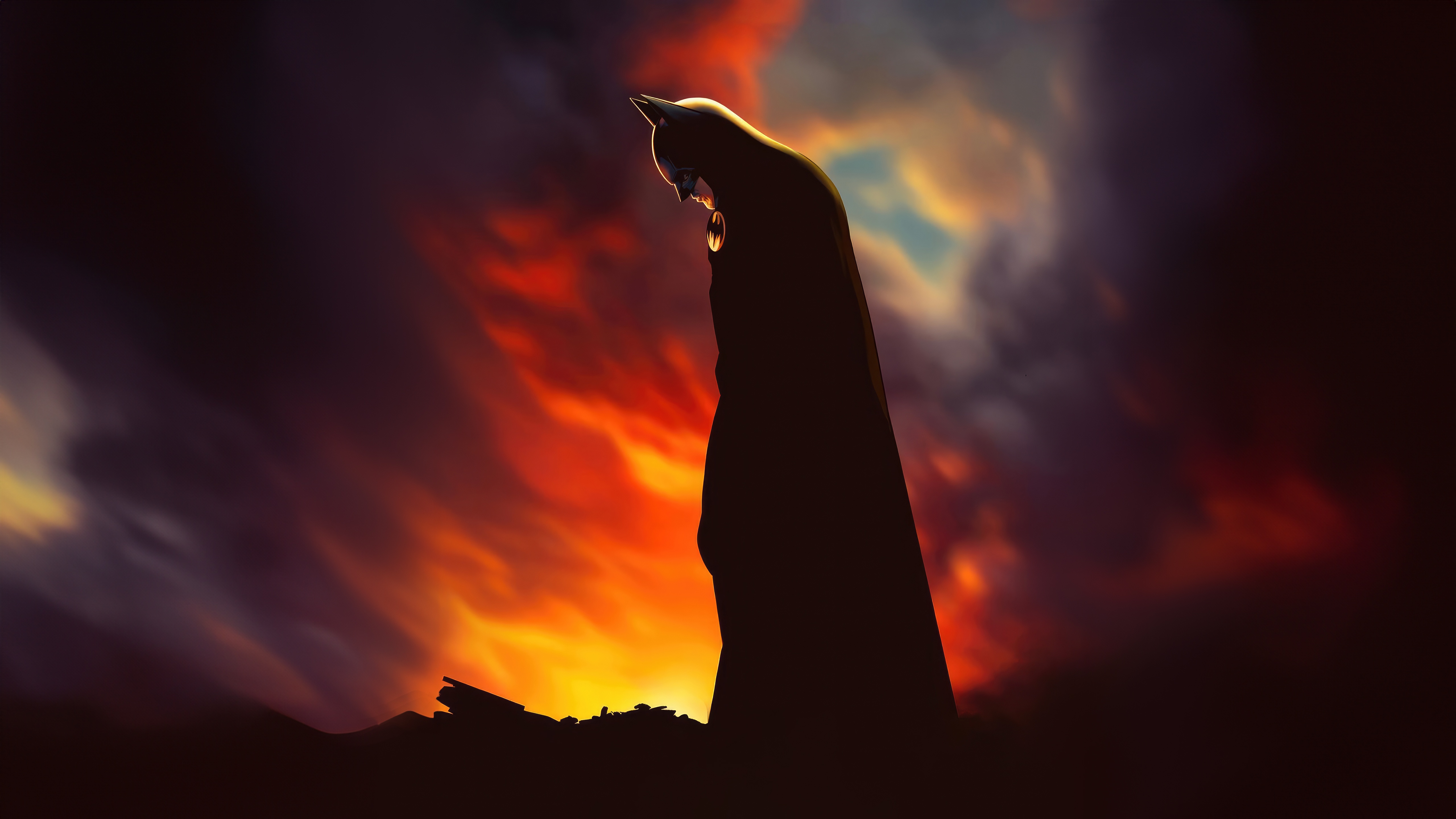 Michael Keaton Batman Silhouette Against Fiery Sky HD Wallpaper
