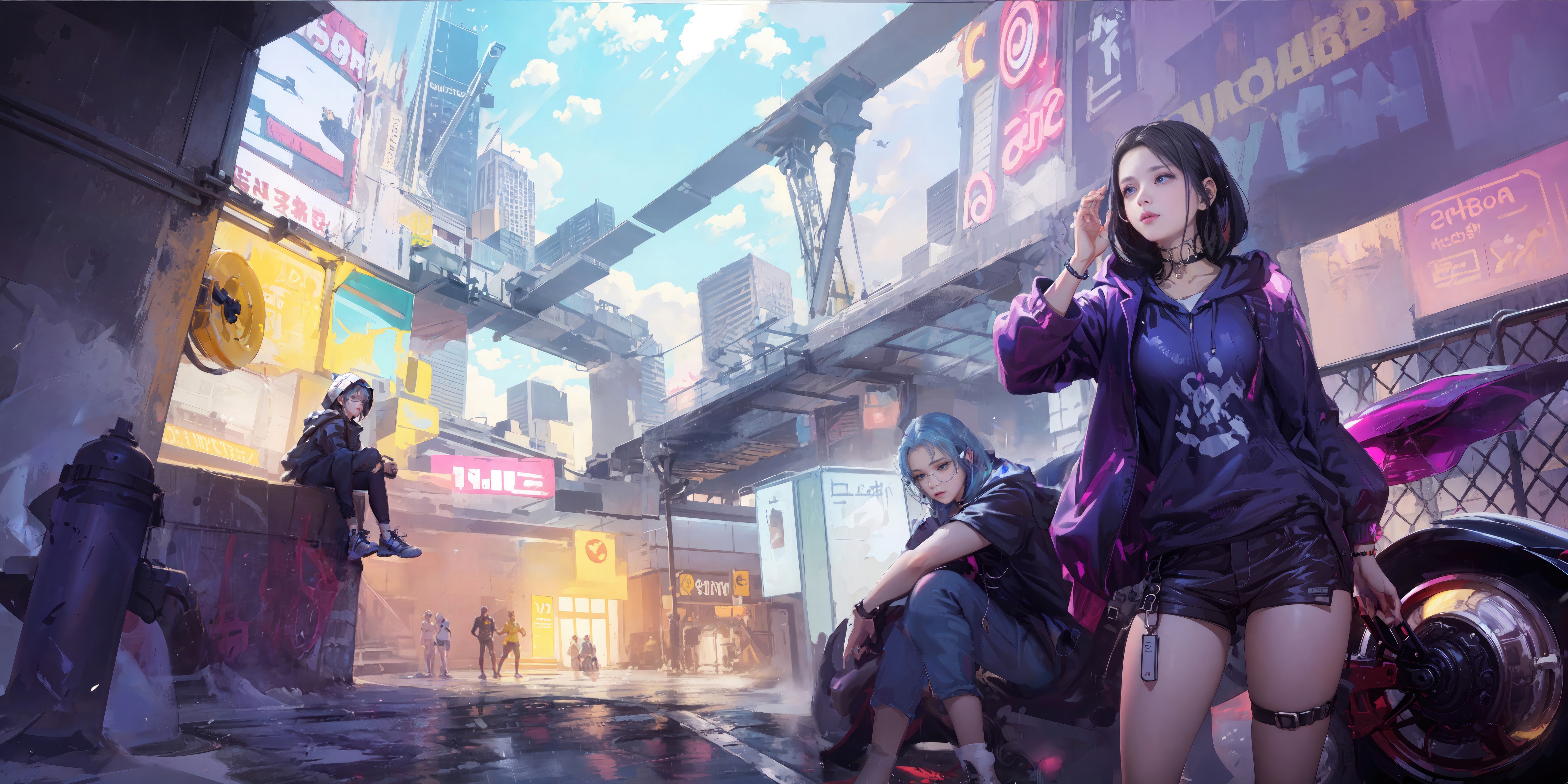 Anime girls in a futuristic city street HD Wallpaper