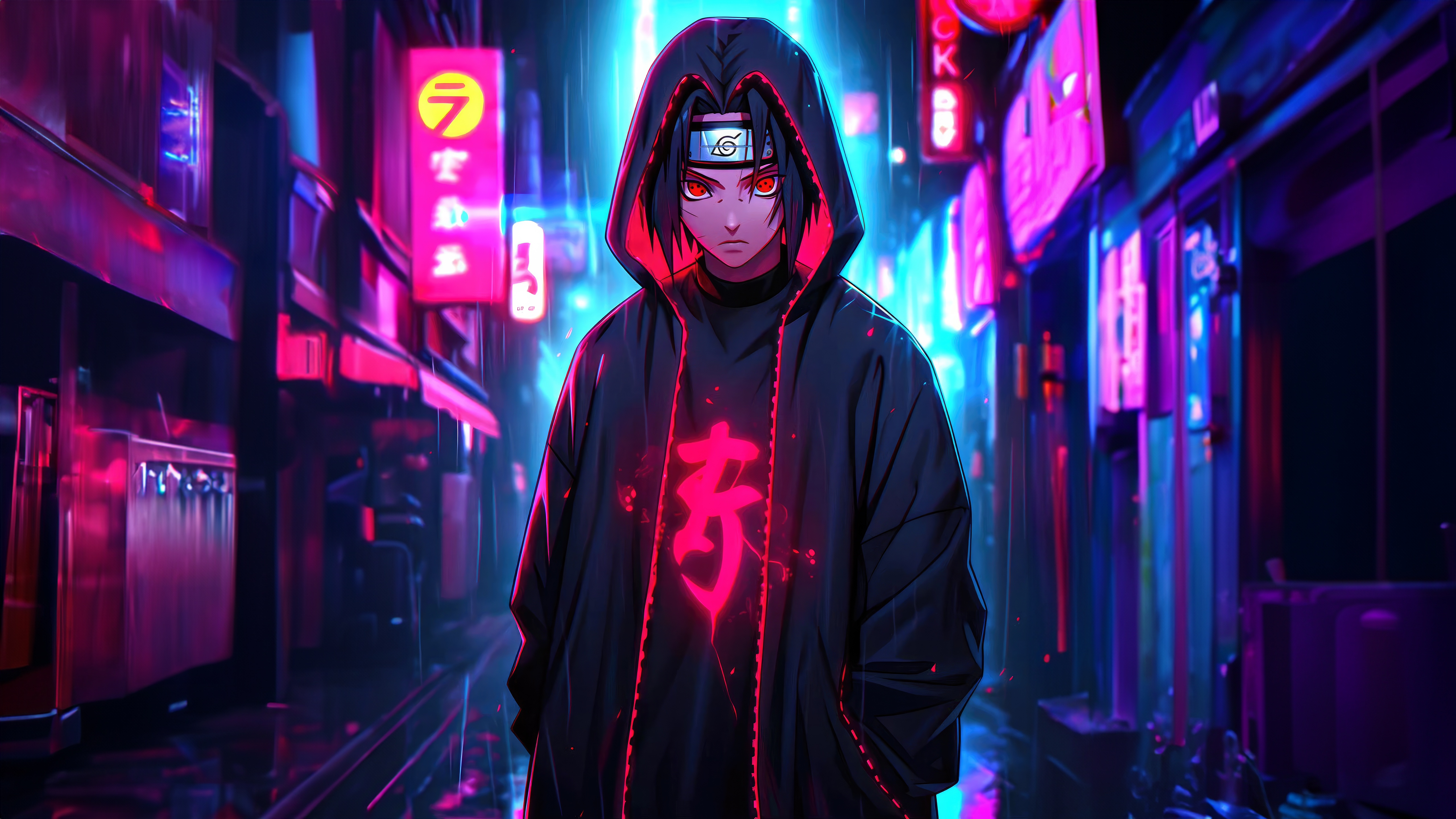 Itachi Uchiha in a Neon City HD Wallpaper