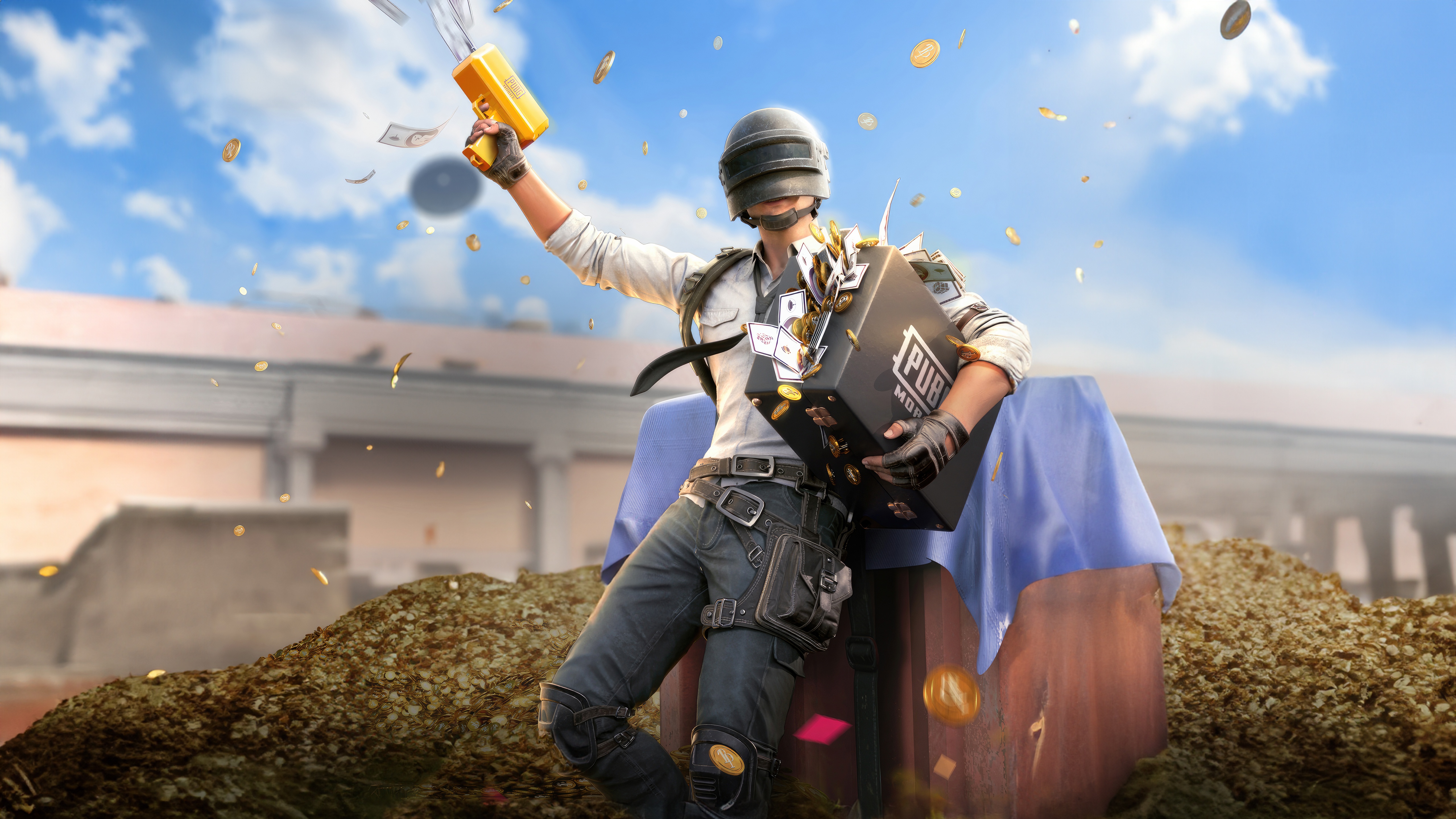 PUBG character with money gun and briefcase HD Wallpaper