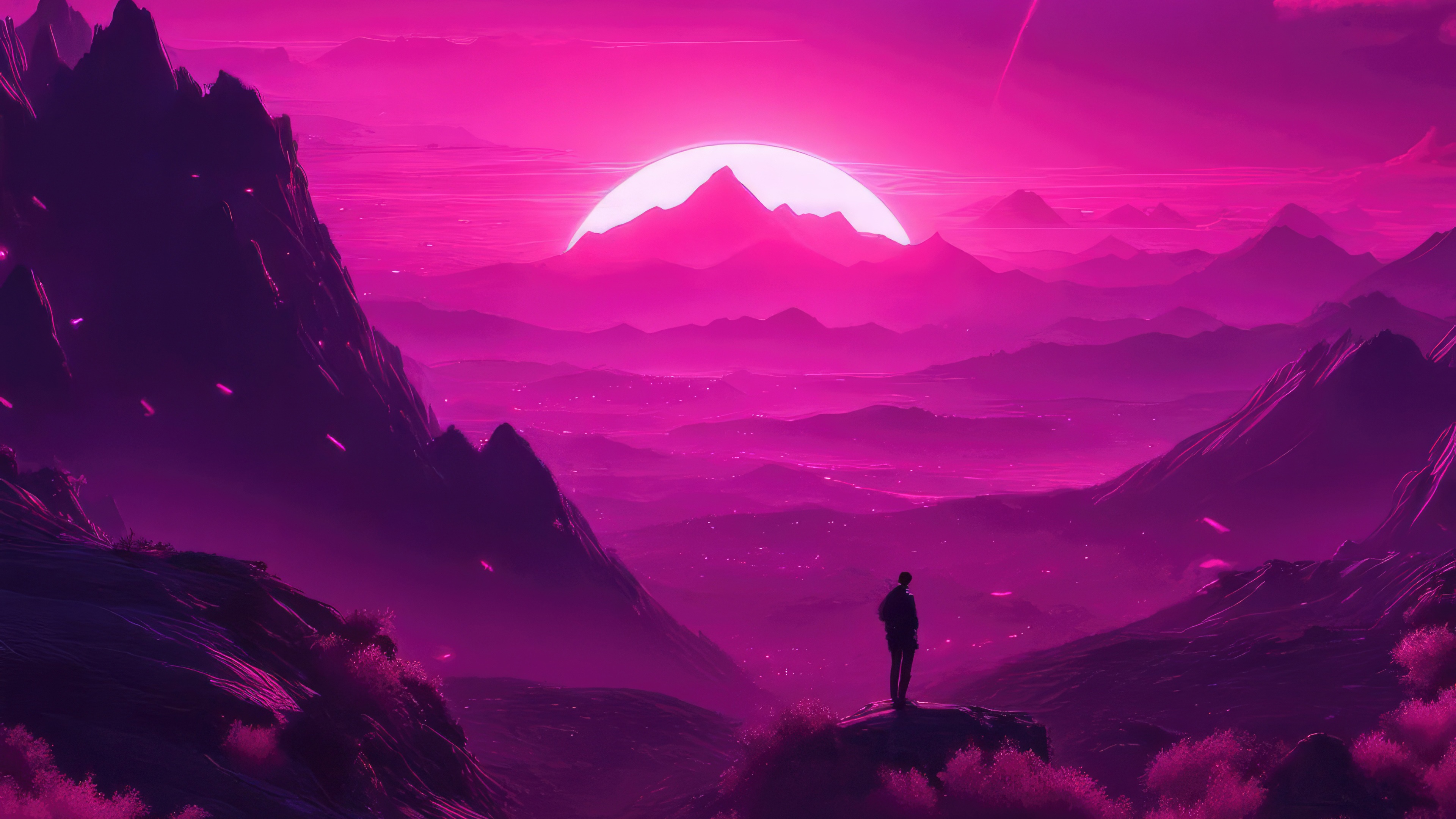 Man standing on mountain overlooking pink landscape HD Wallpaper