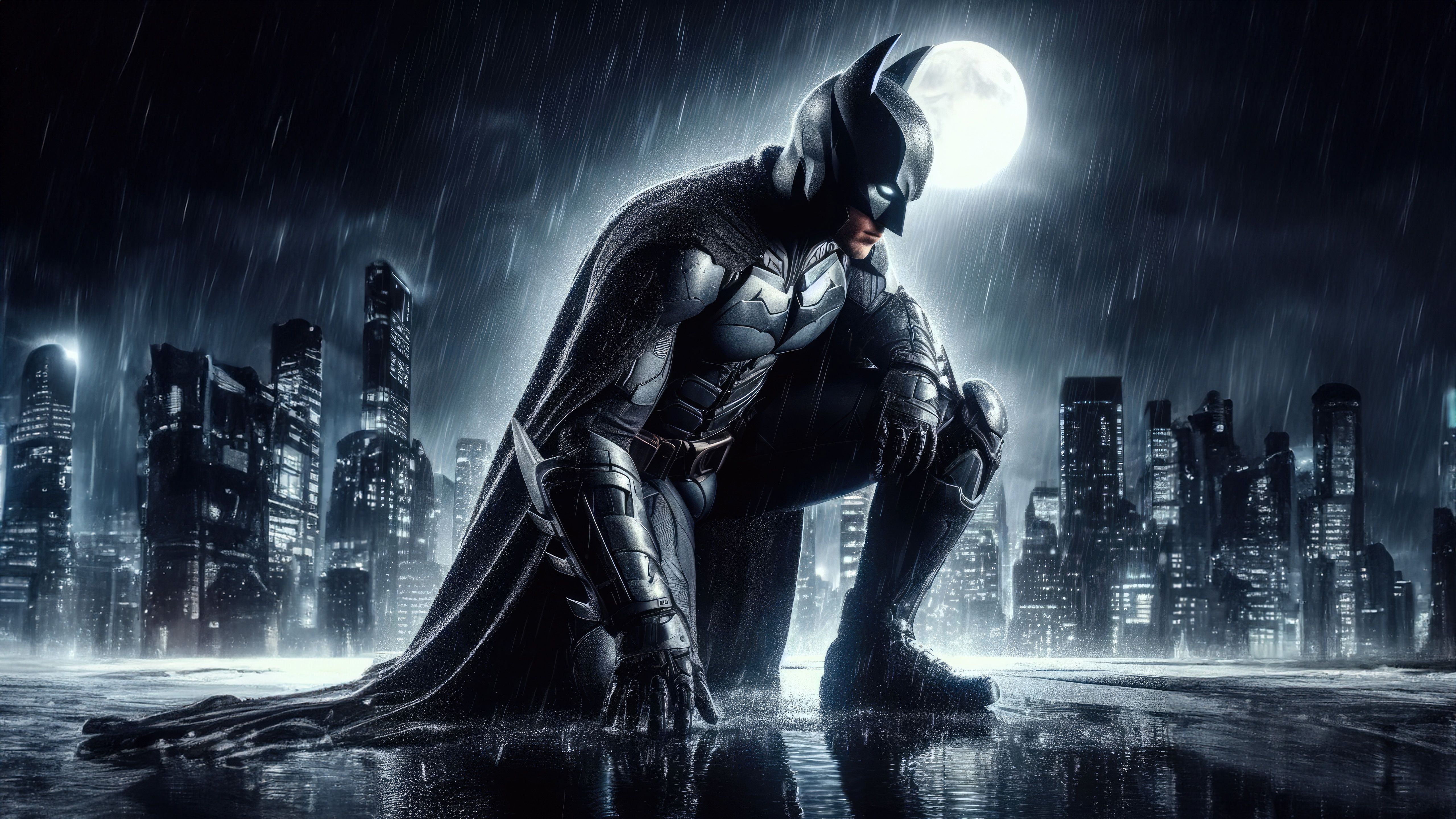 Batman Crouching in a Rainy City at Night HD Wallpaper