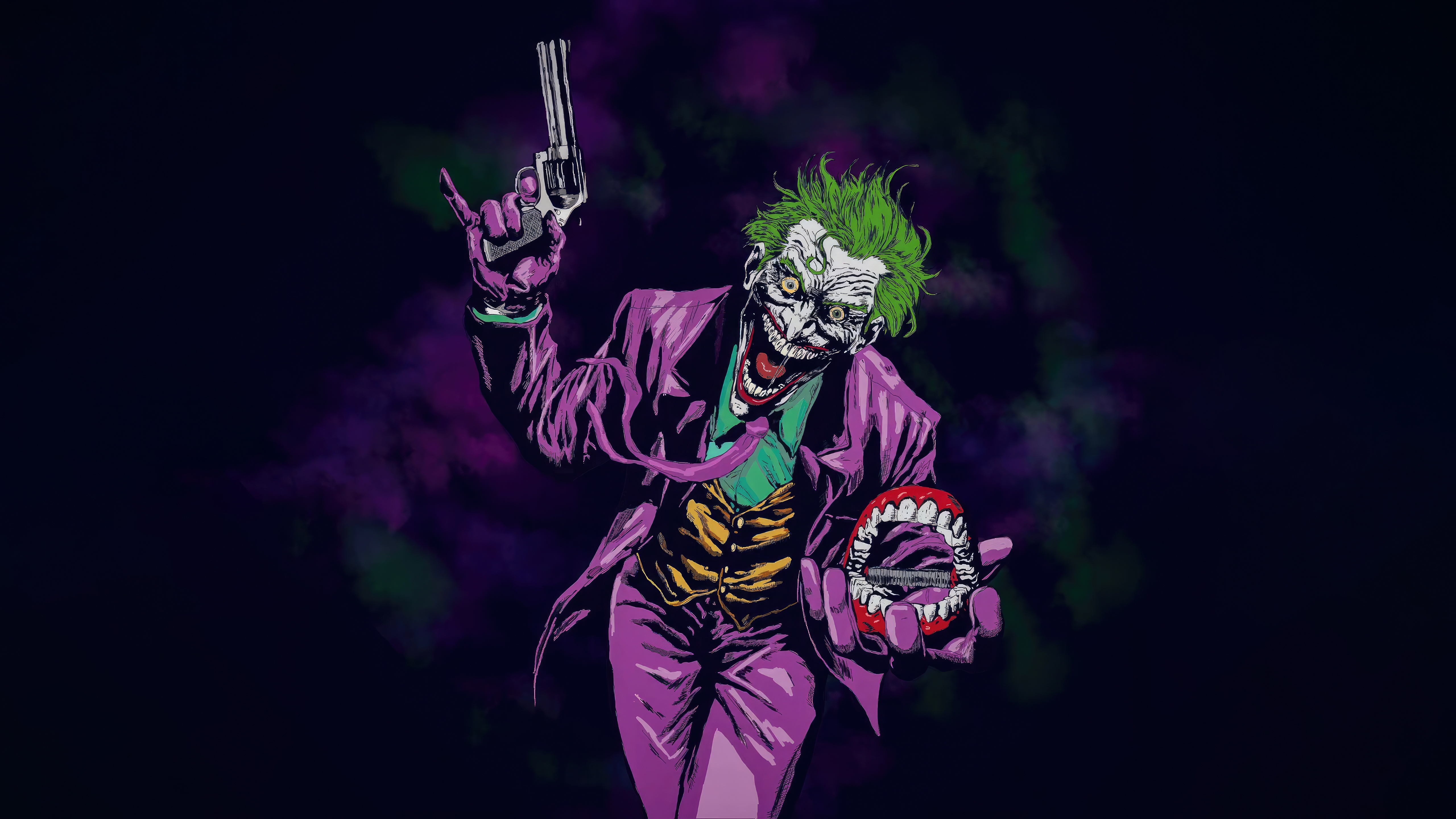 The Joker holding a gun and chattering teeth HD Wallpaper