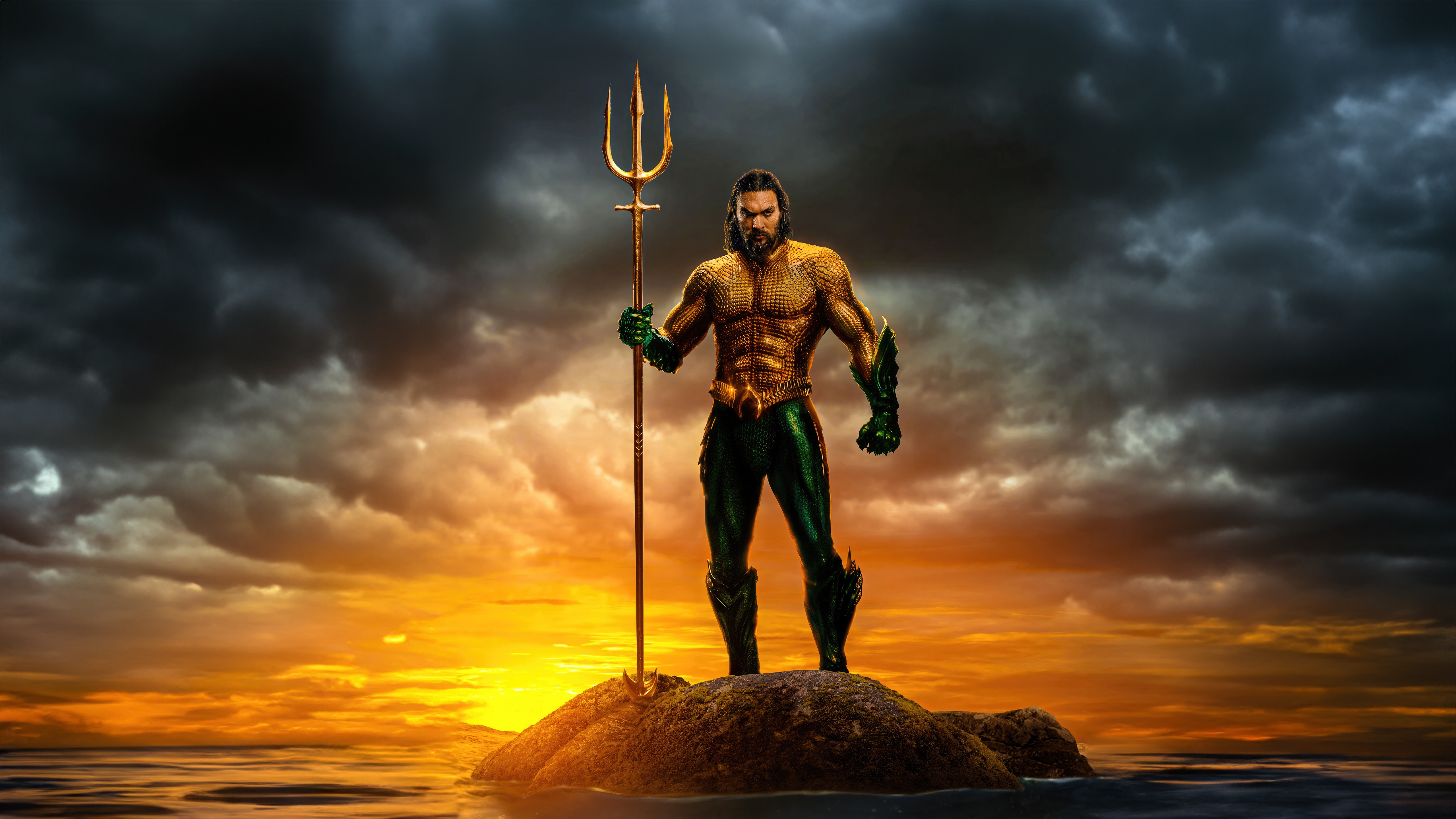Aquaman Standing on a Rock with Trident HD Wallpaper
