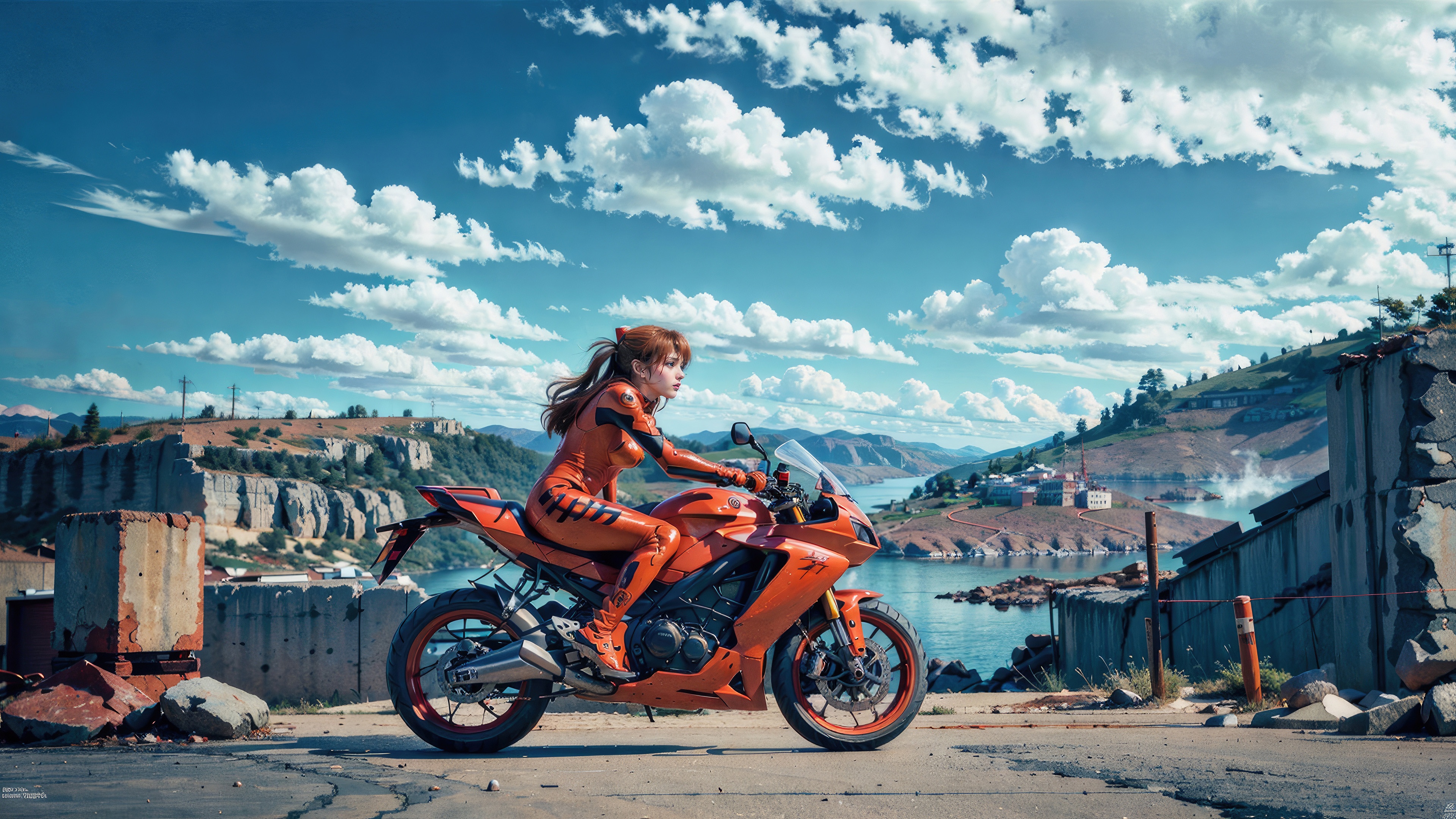 Asuka Langley Soryu riding a motorcycle HD Wallpaper