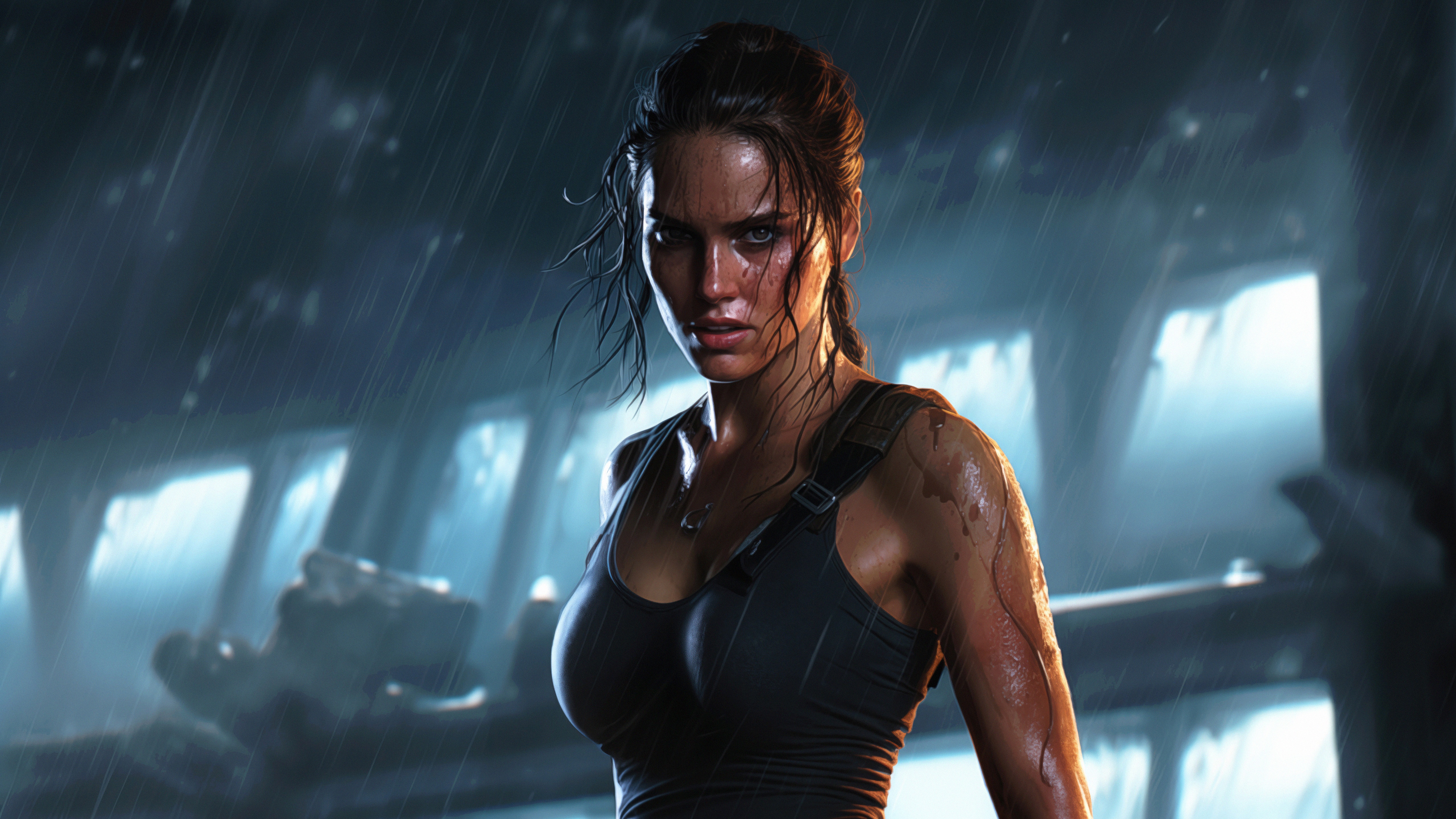 Lara Croft in Tomb Raider during a rainstorm HD Wallpaper