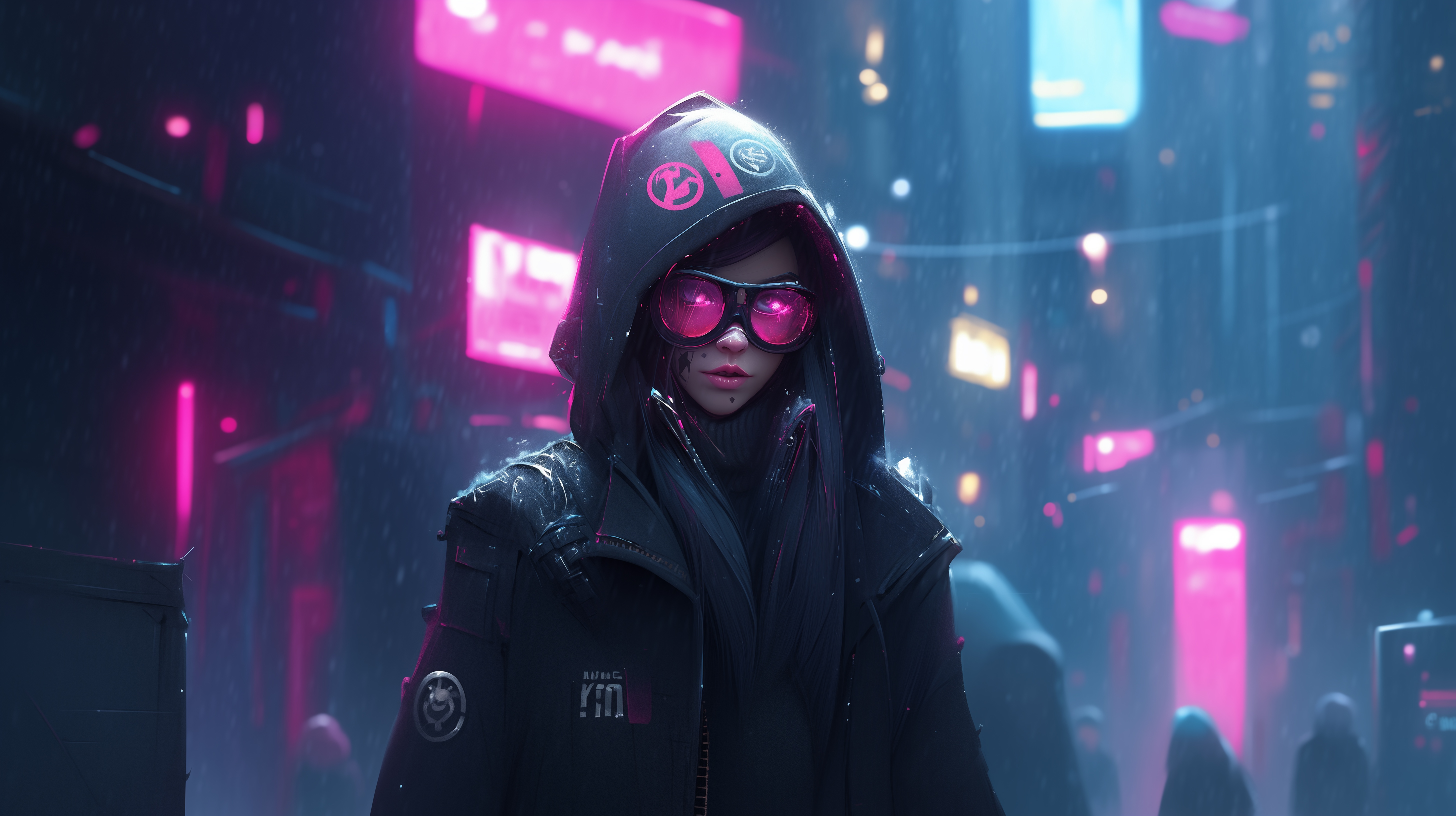 Woman in Futuristic City with Pink Goggles HD Wallpaper