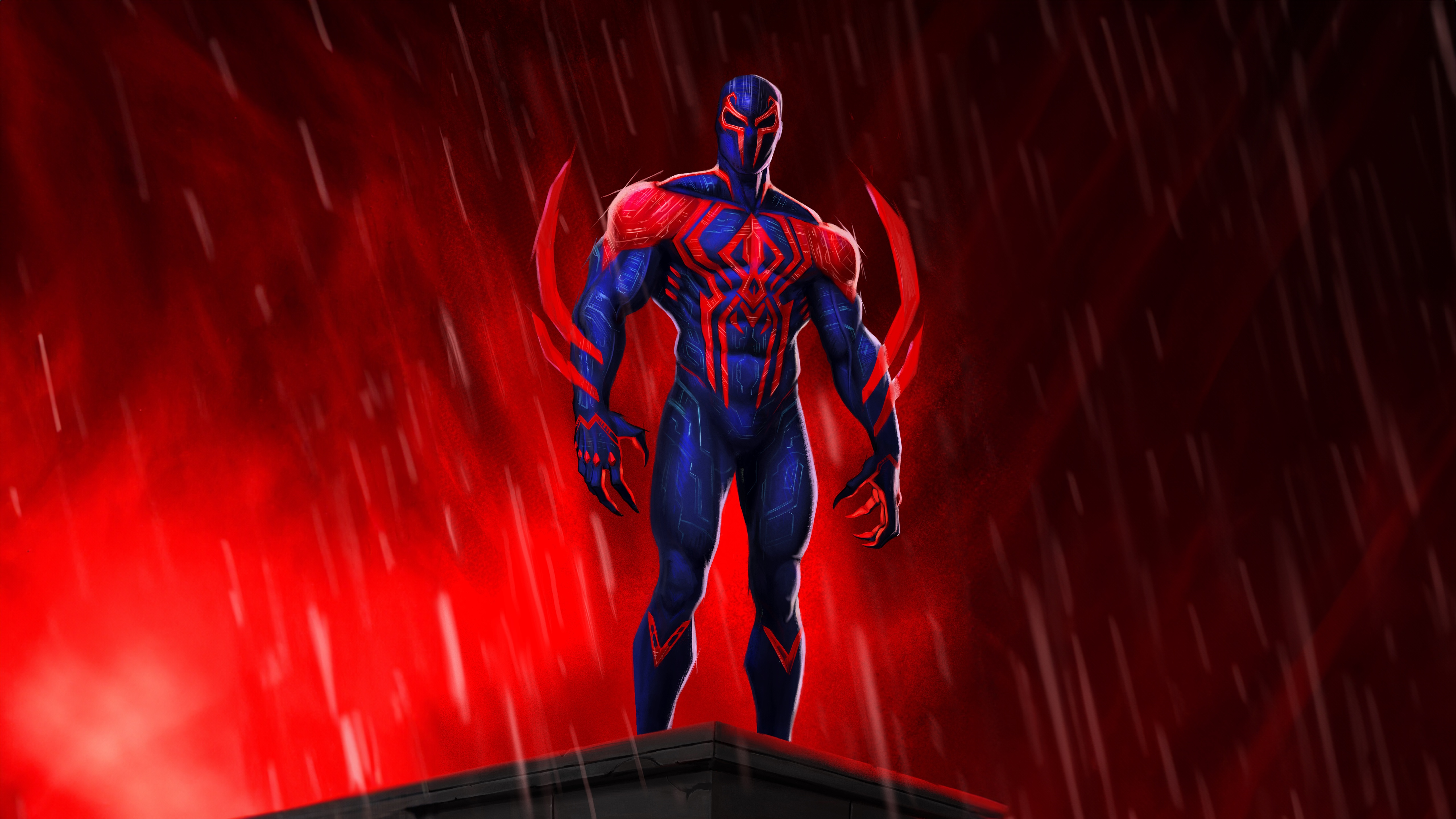 Spider-Man 2099 standing on a rooftop in the rain HD Wallpaper