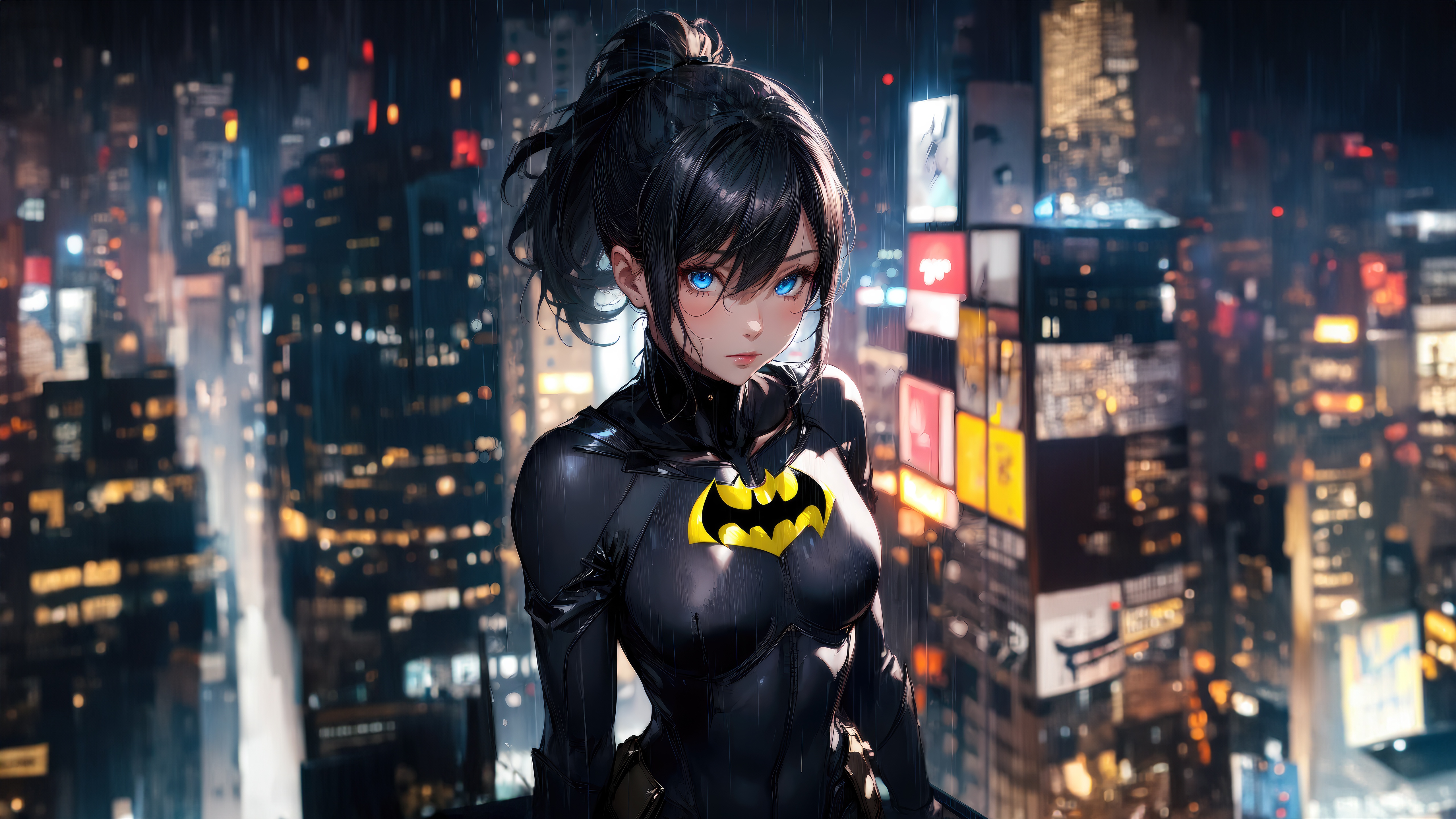 Anime Batwoman in a Rainy City HD Wallpaper