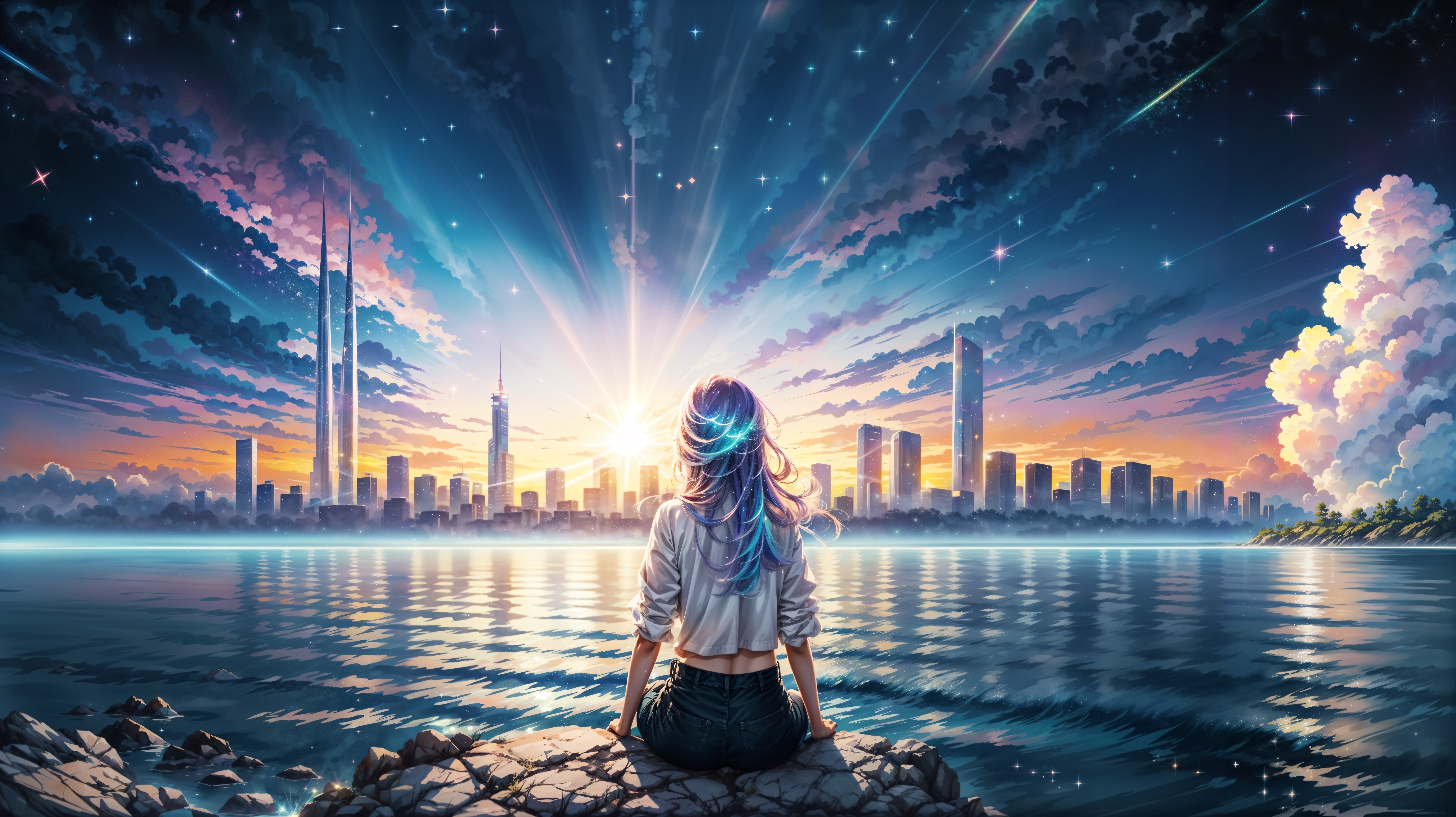 Anime girl sitting on rocks overlooking a futuristic city at sunset HD Wallpaper