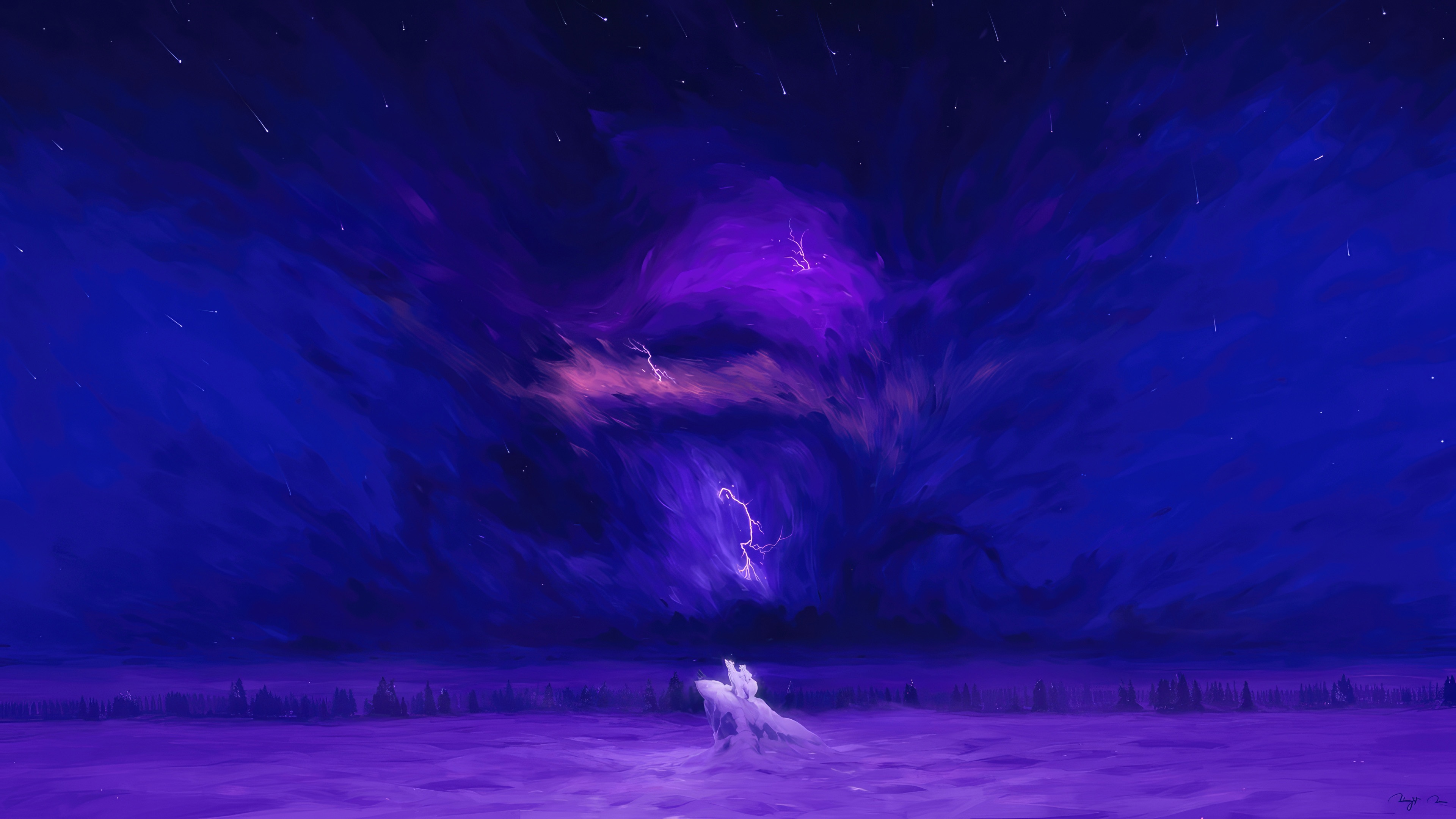 A lone figure on a rock under a stormy purple sky HD Wallpaper