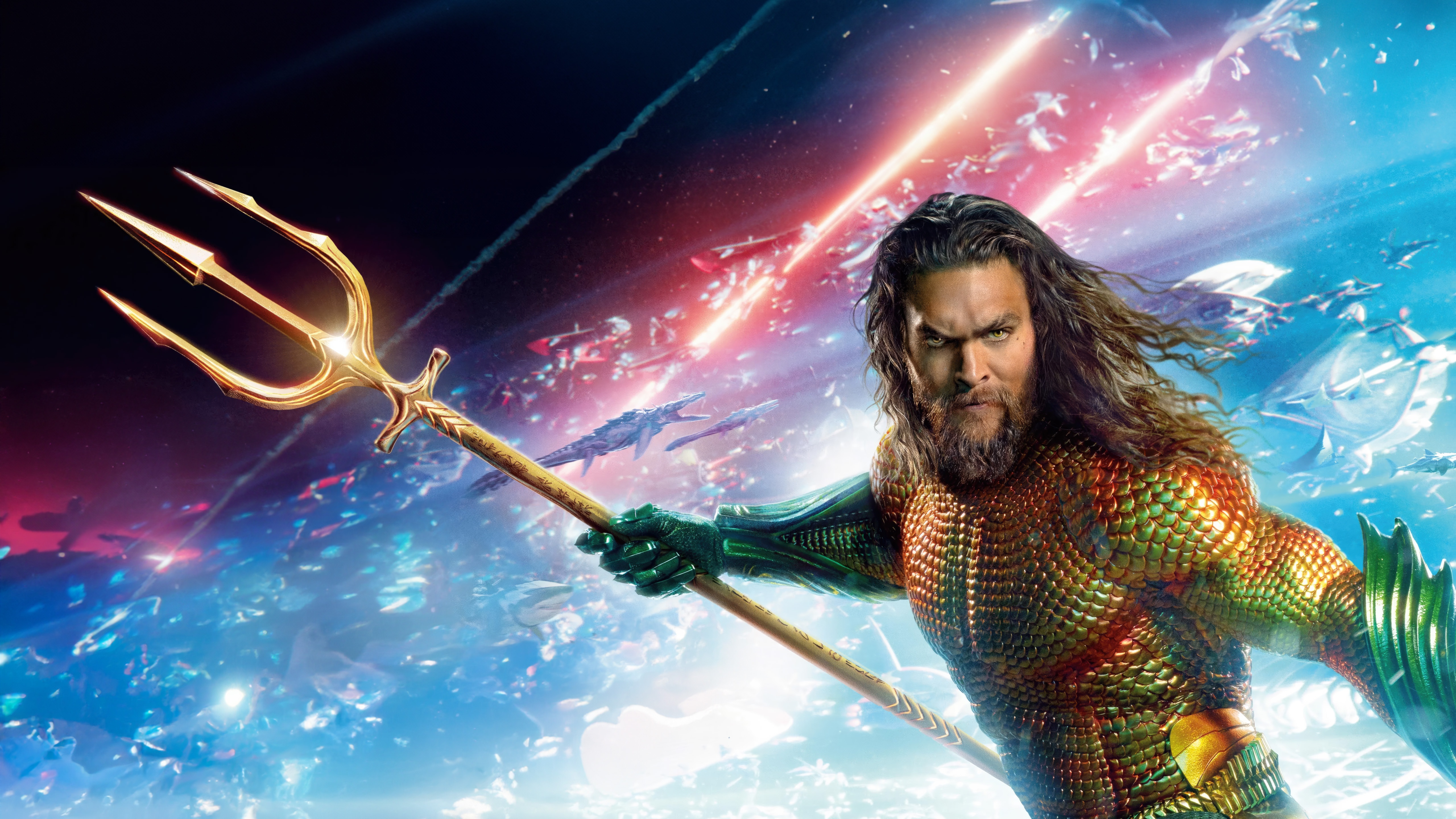 Aquaman holding a trident in front of a cosmic background HD Wallpaper