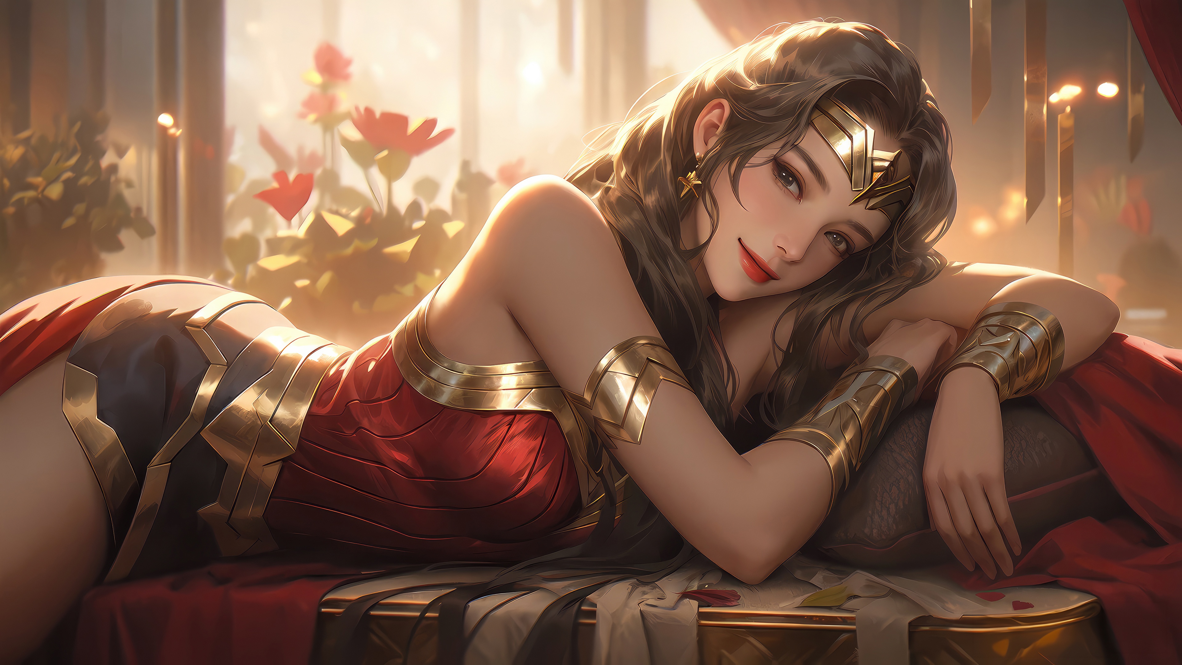 Wonder Woman in a relaxed pose with flowers HD Wallpaper