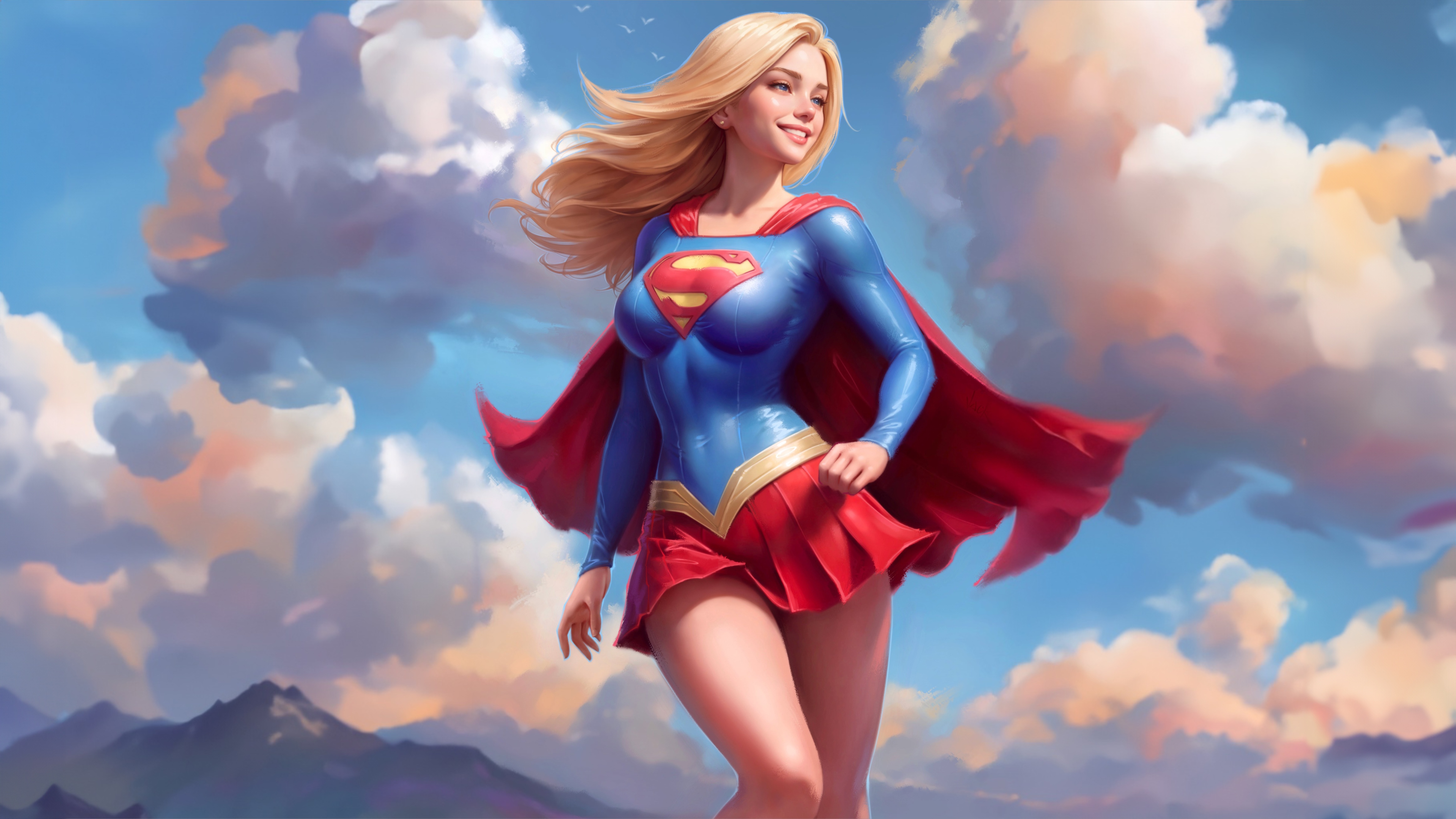 Supergirl flying in the sky with clouds and mountains HD Wallpaper