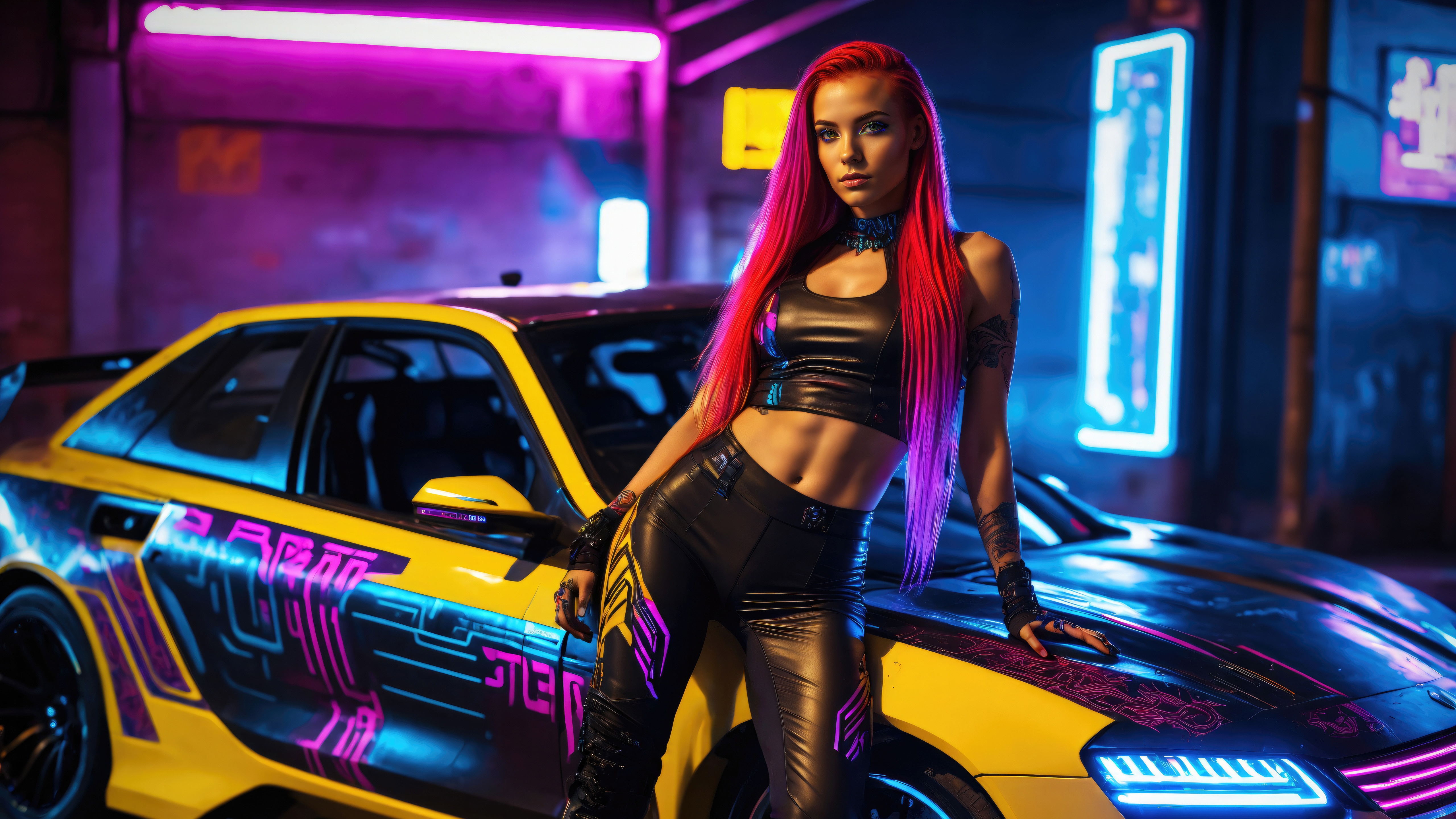 Cyberpunk Girl Poses With Sci-Fi Car HD Wallpaper