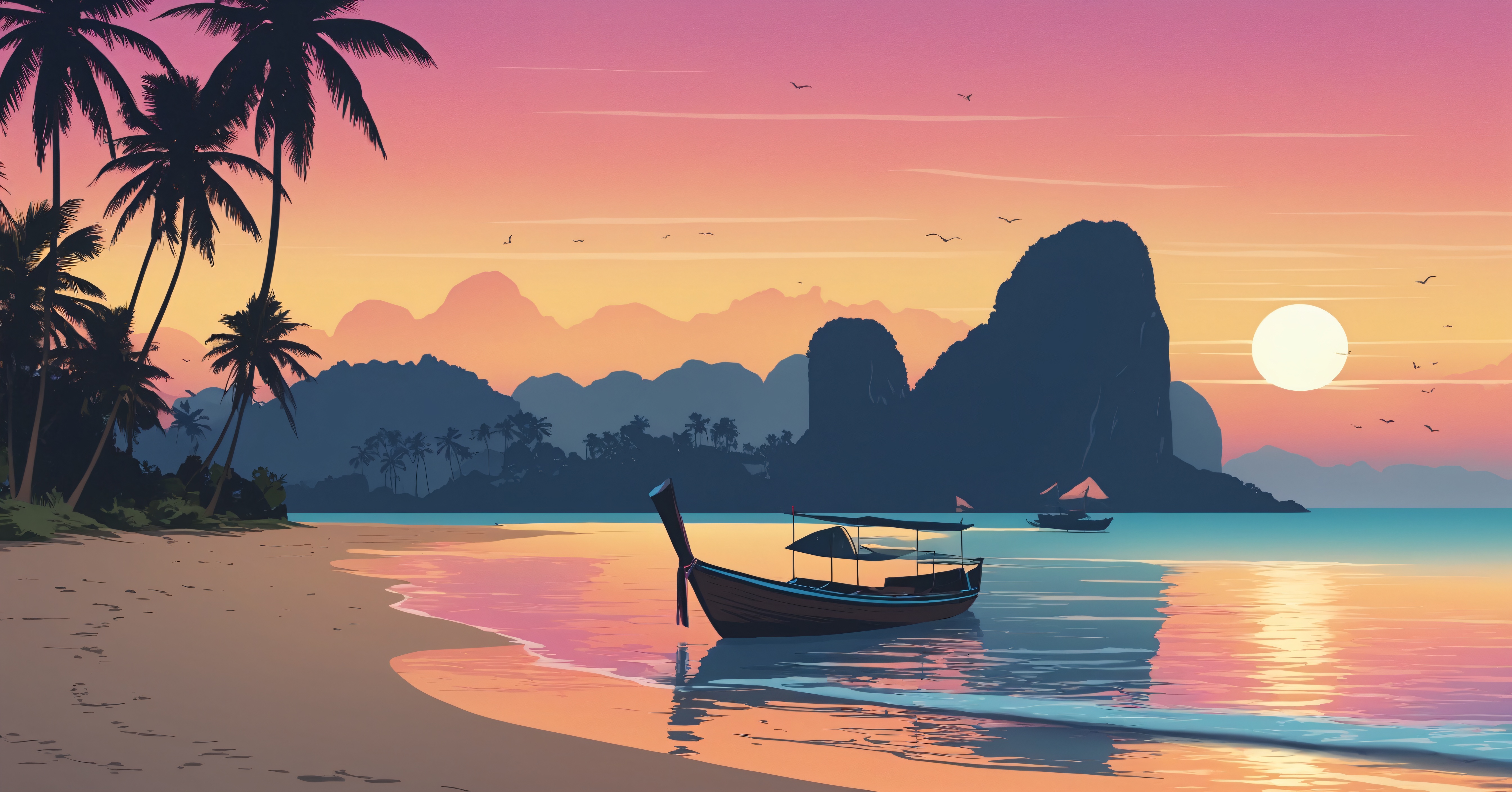 Tropical beach at sunset with a longtail boat HD Wallpaper