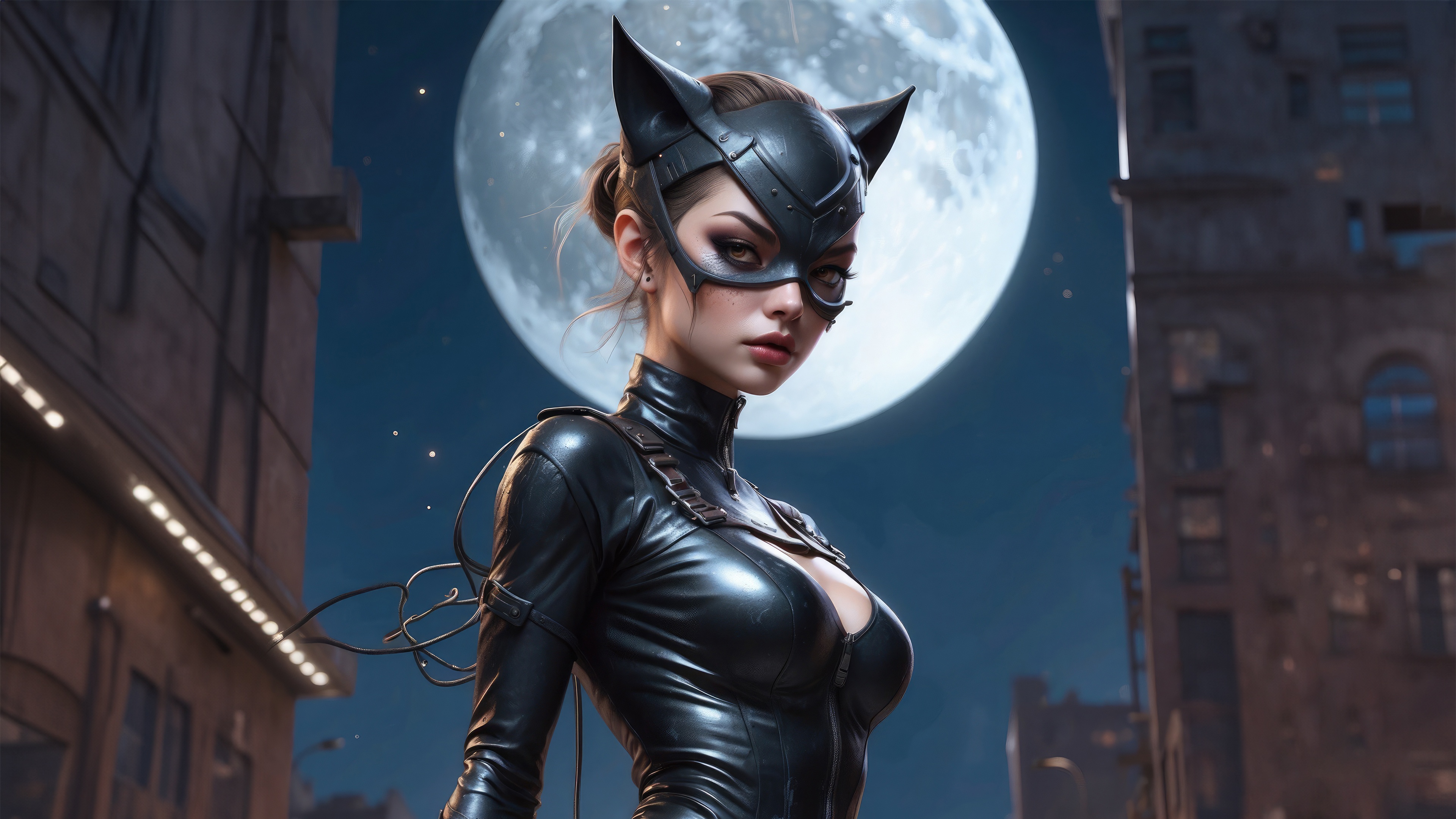 Catwoman in a black leather suit against a full moon HD Wallpaper