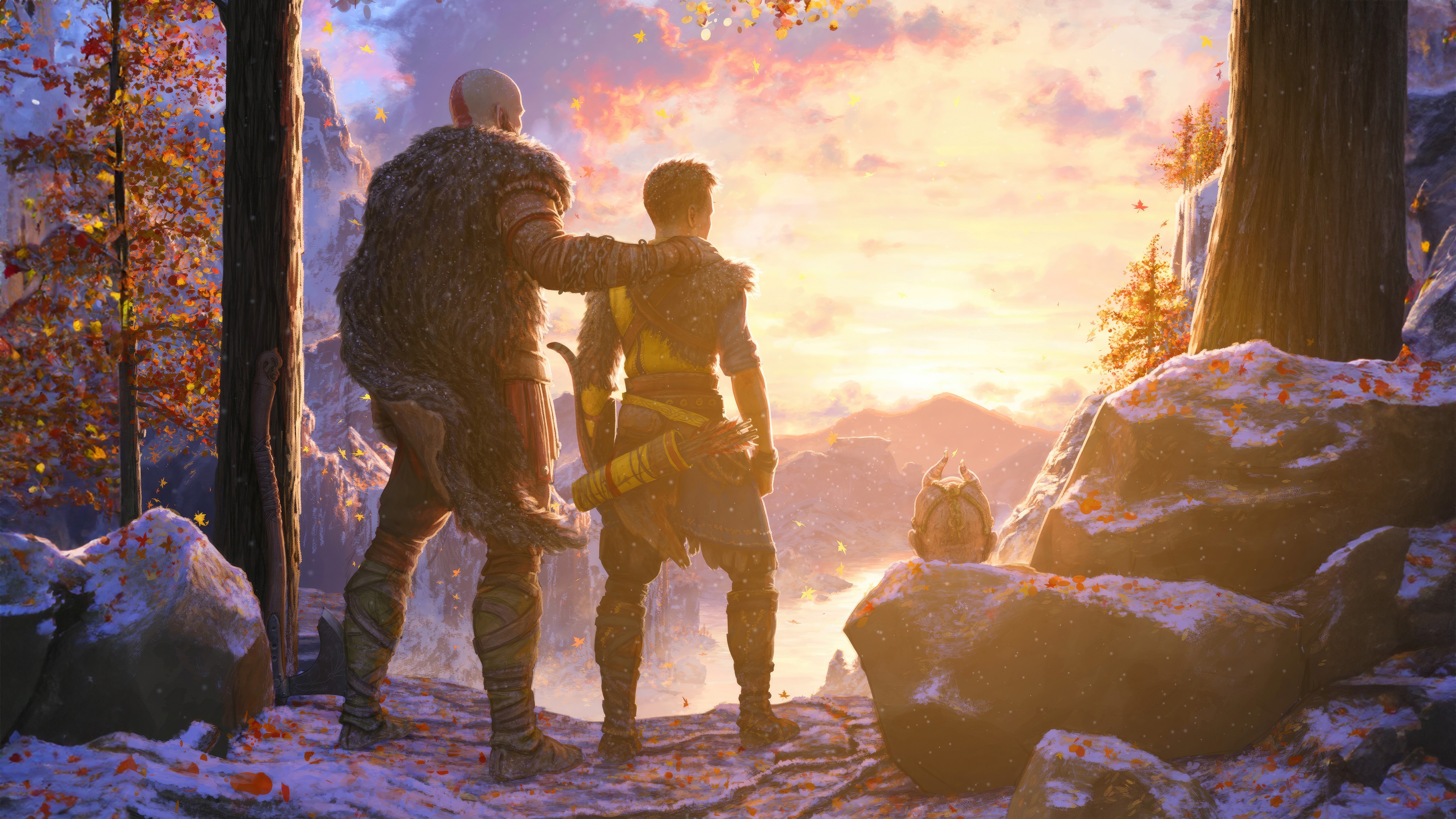 Kratos and Atreus from God of War in a snowy landscape HD Wallpaper