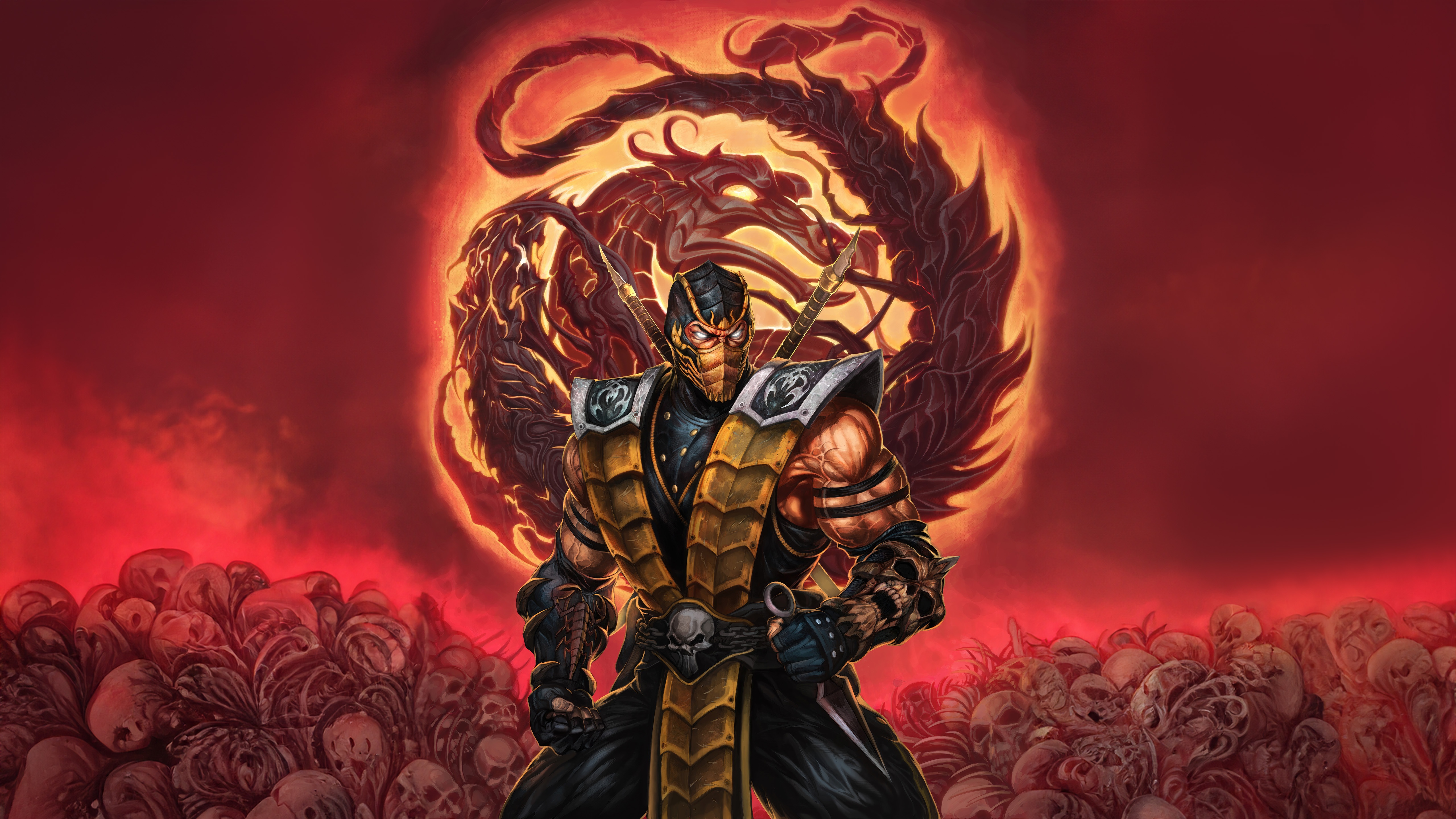 Scorpion from Mortal Kombat 9 with dragon and skulls HD Wallpaper