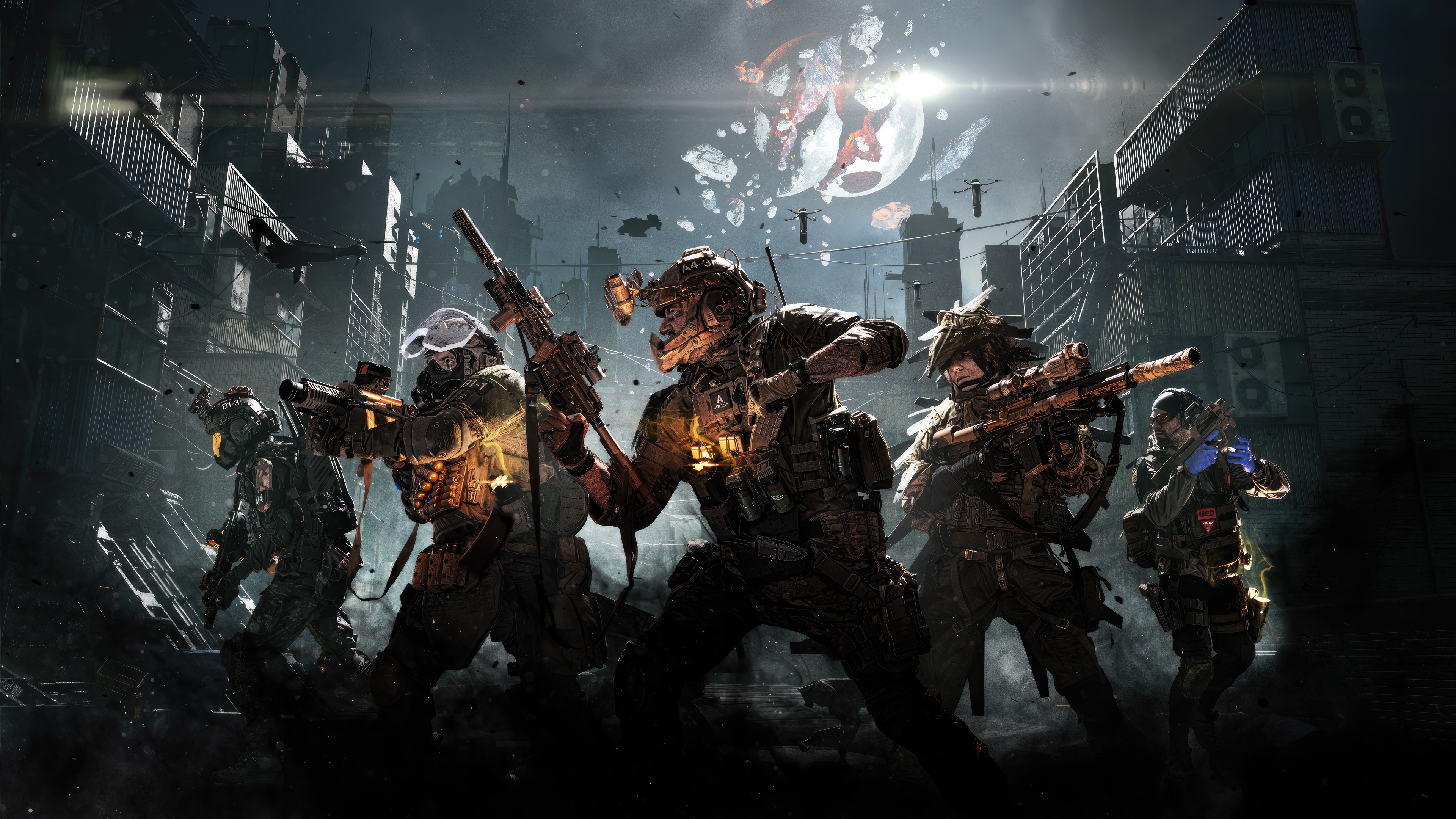 Soldiers in a destroyed city with debris in the sky HD Wallpaper