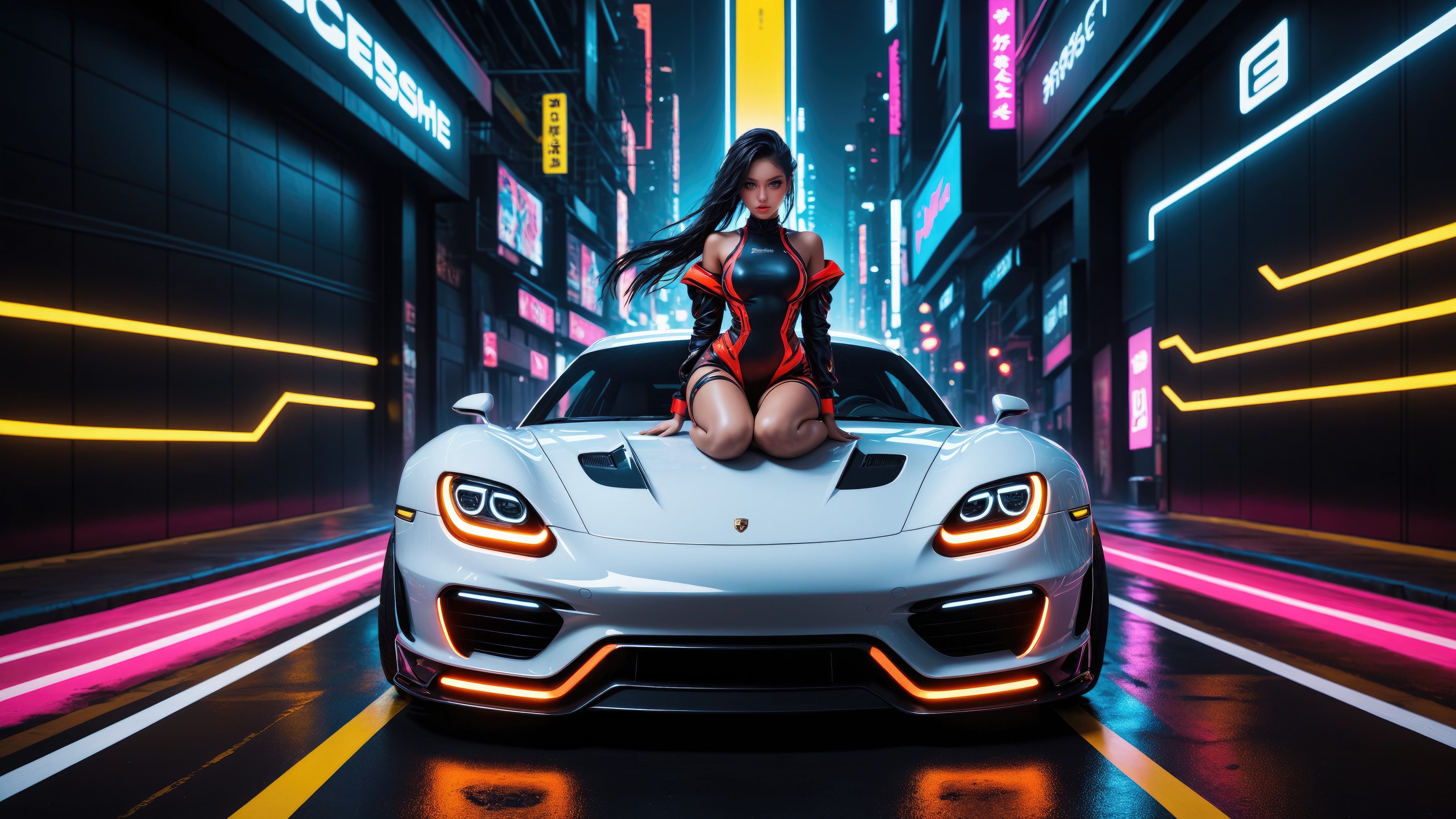 Girl in cyberpunk outfit sitting on a white Porsche HD Wallpaper