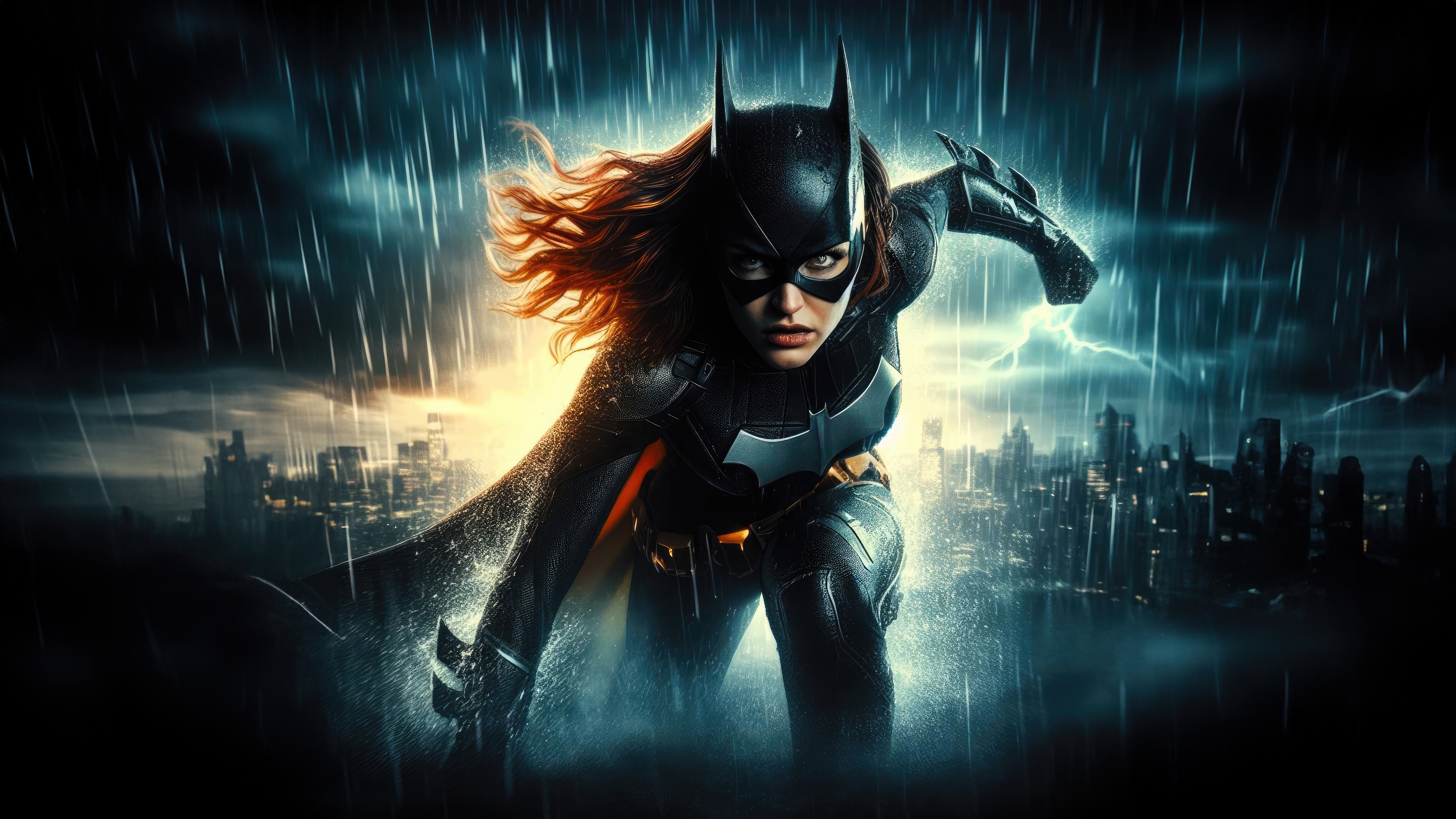 Batgirl in a stormy city at night HD Wallpaper