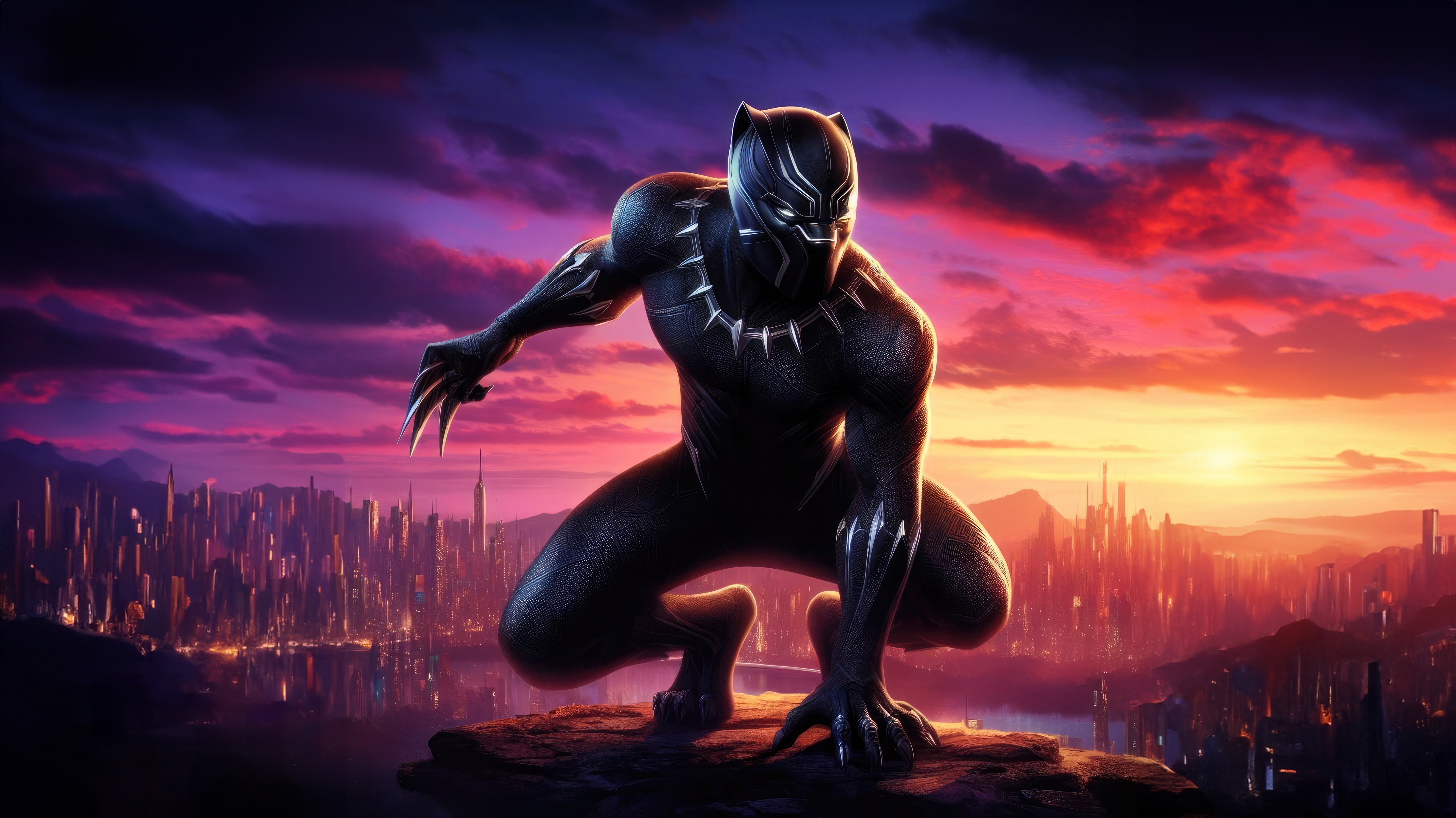 Black Panther Crouching on a Cliff Overlooking a City HD Wallpaper