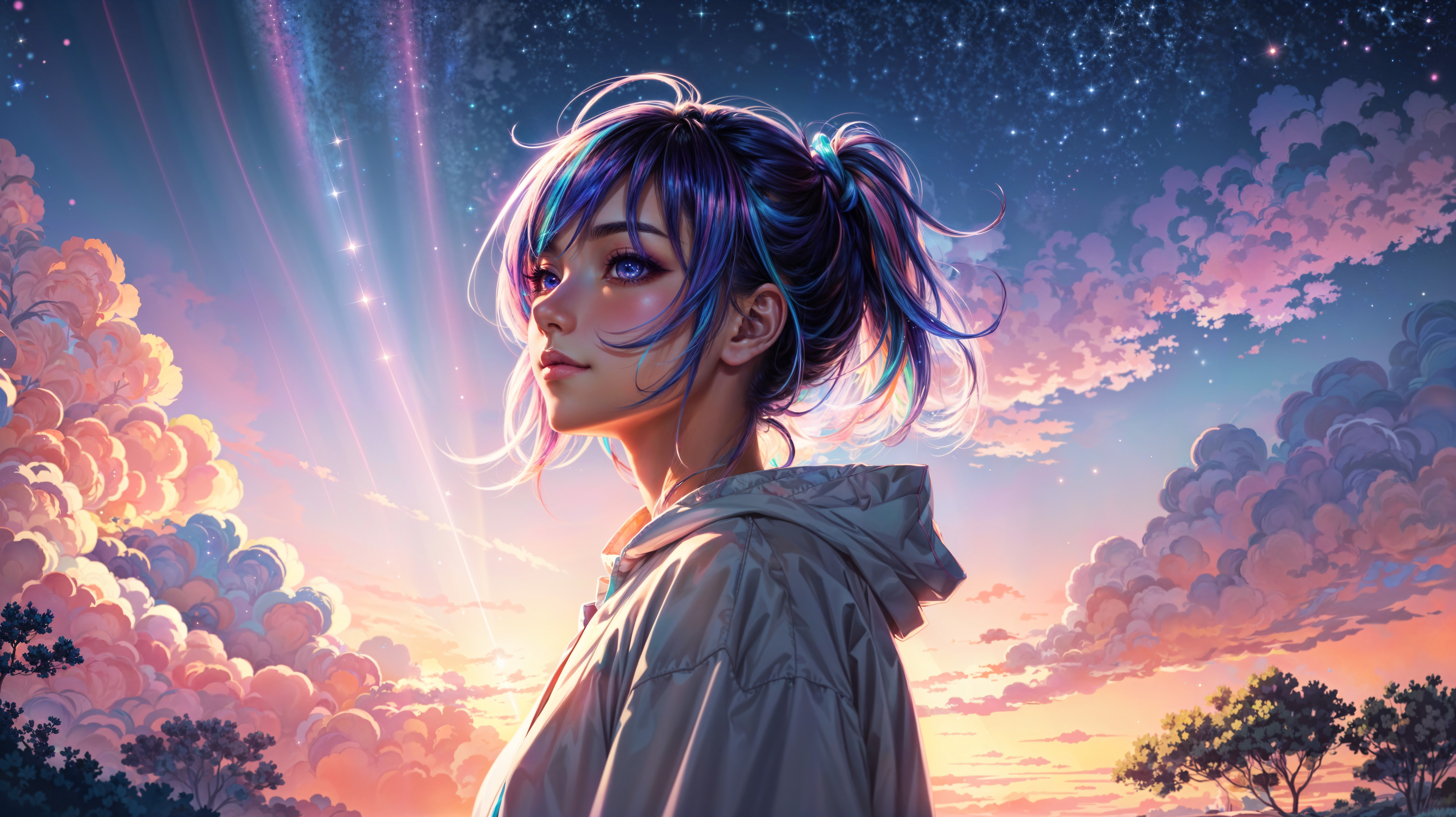 Anime girl with sparkling eyes under a starry sky HD Wallpaper