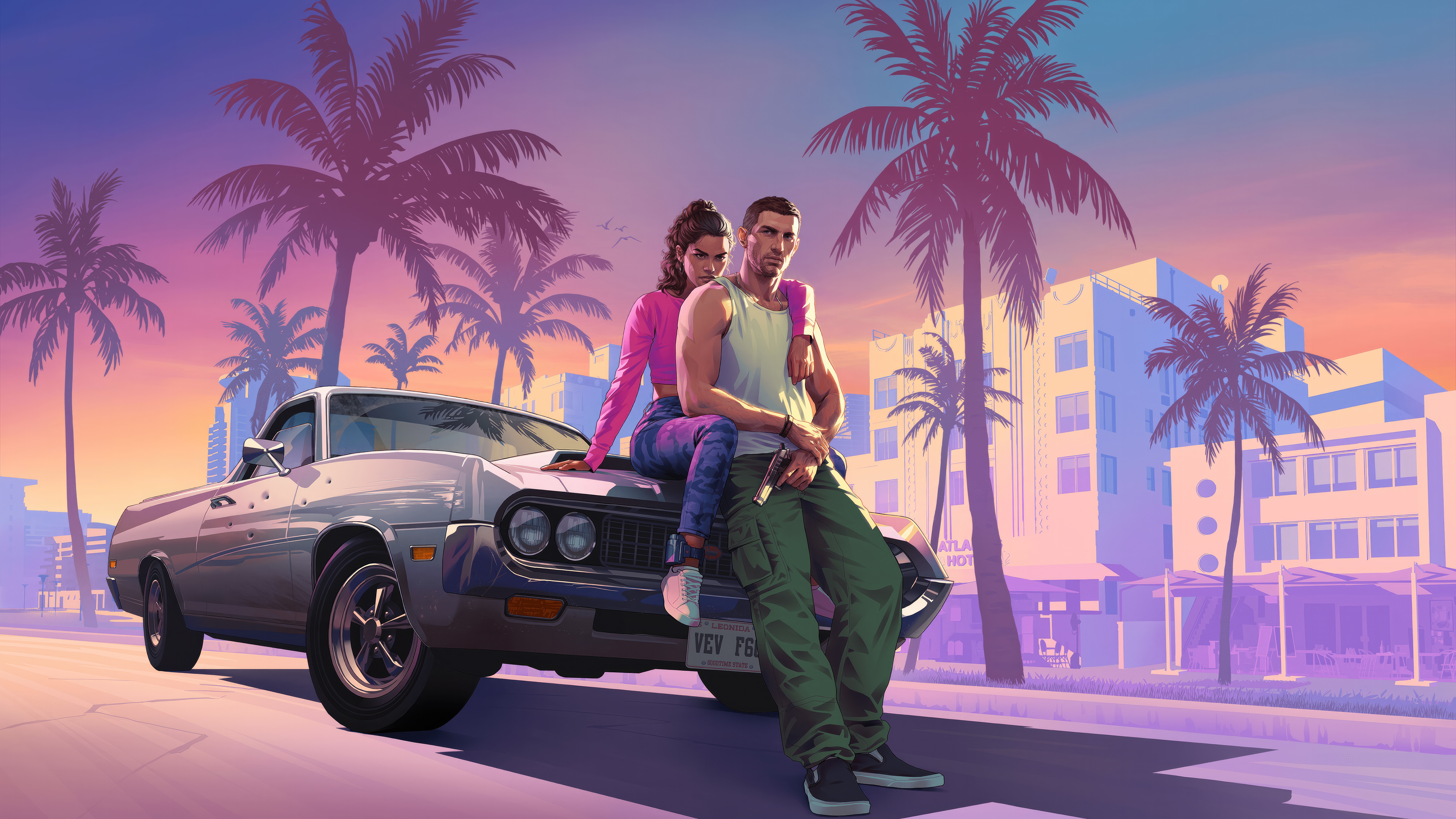 Gta 6: Couple Poses on a Car with Palm Trees HD Wallpaper