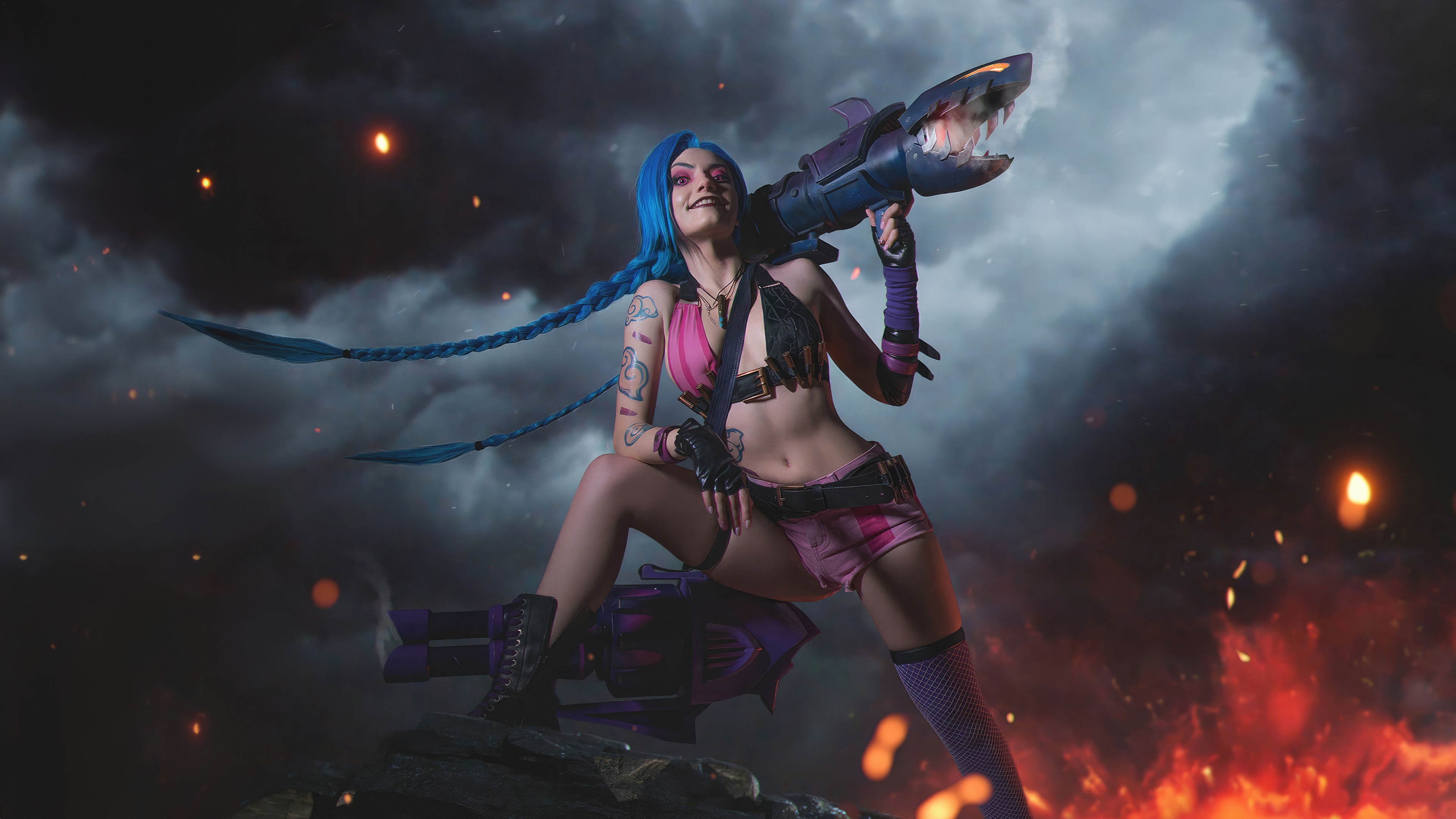 Jinx from League of Legends Cosplay with Shark Rocket Launcher HD Wallpaper