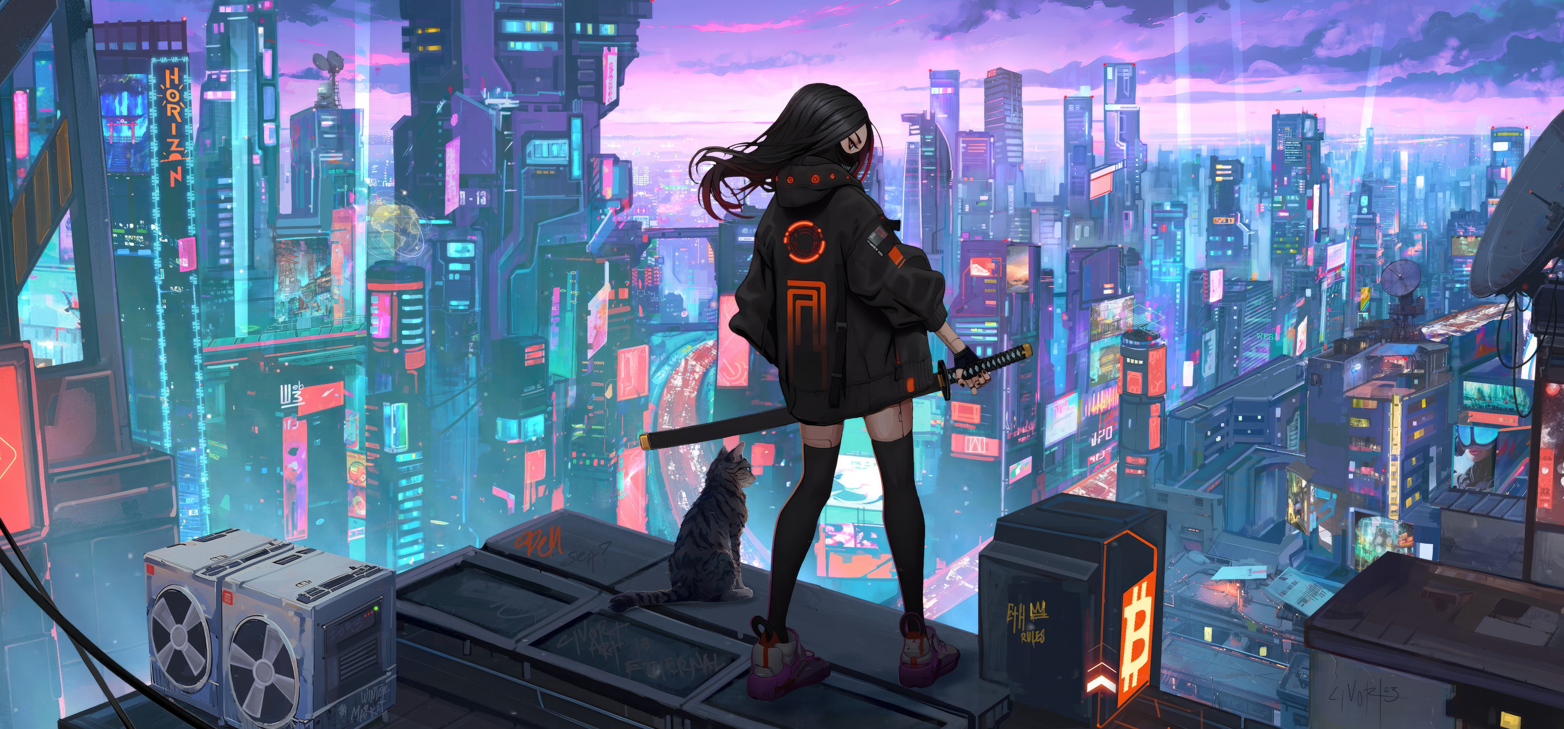 Urban Girl With Sword in Sci-Fi City HD Wallpaper