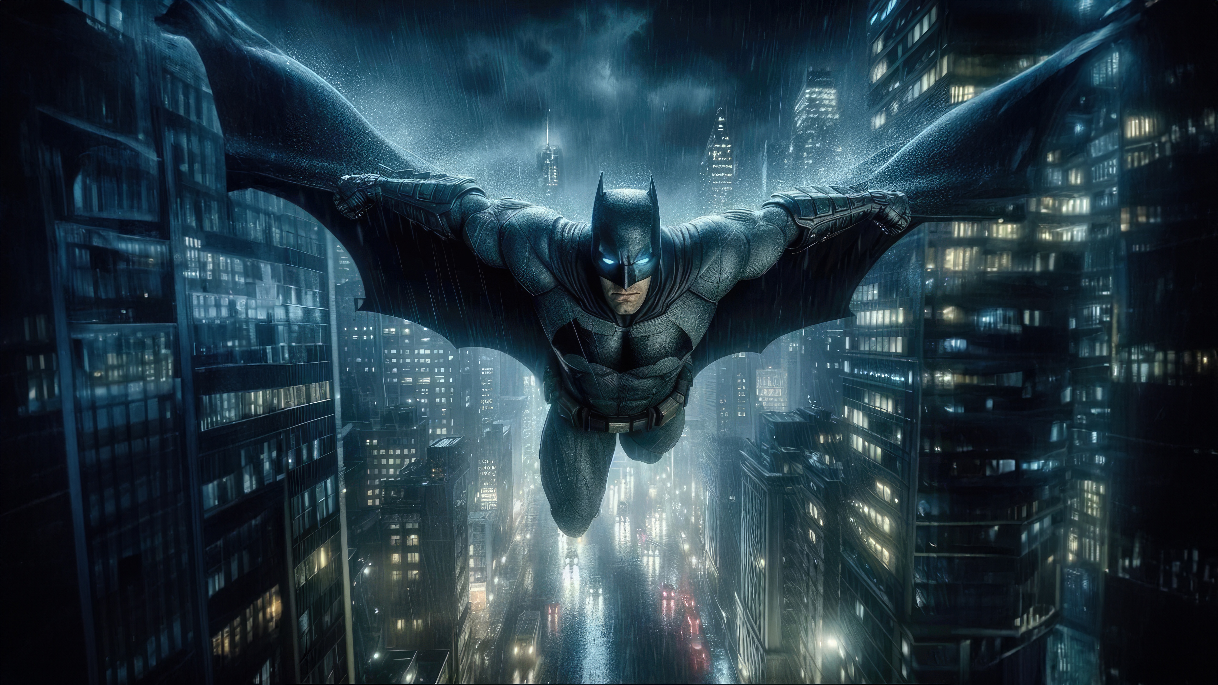 Batman Gliding Over a Rainy City HD Wallpaper