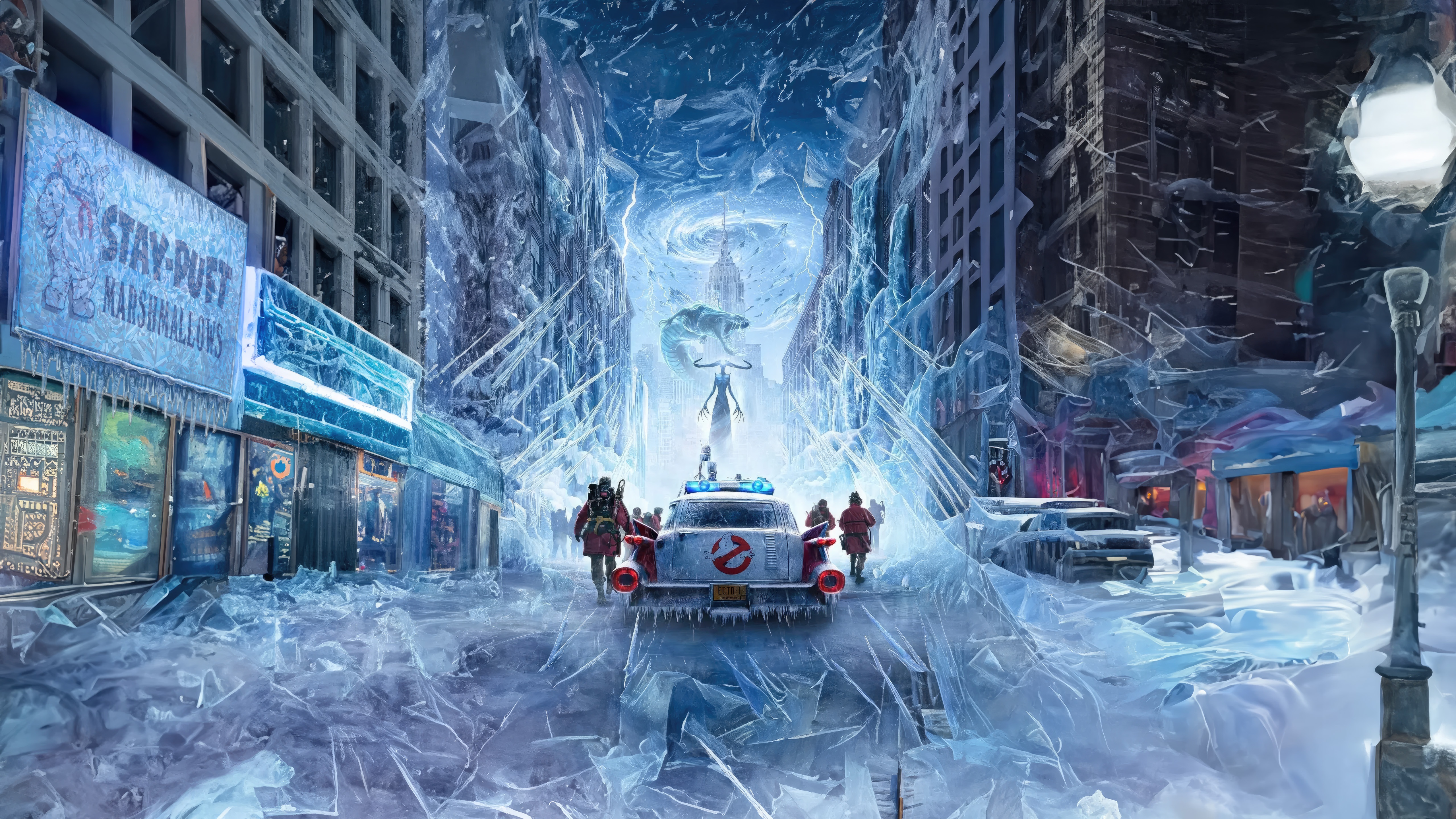 Ghostbusters Frozen Empire in a frozen New York City HD Wallpaper