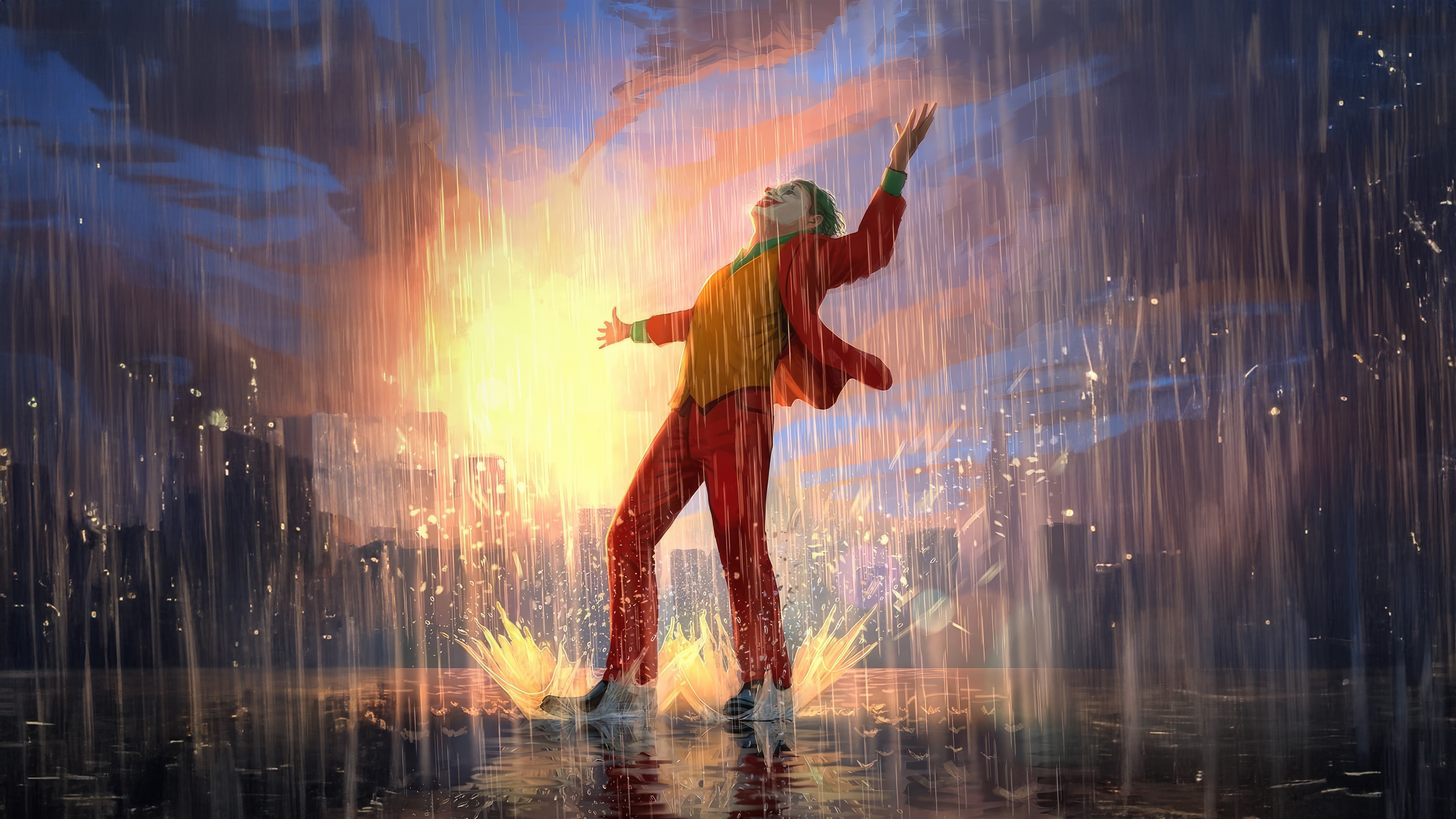 The Joker dancing in the rain in a city HD Wallpaper