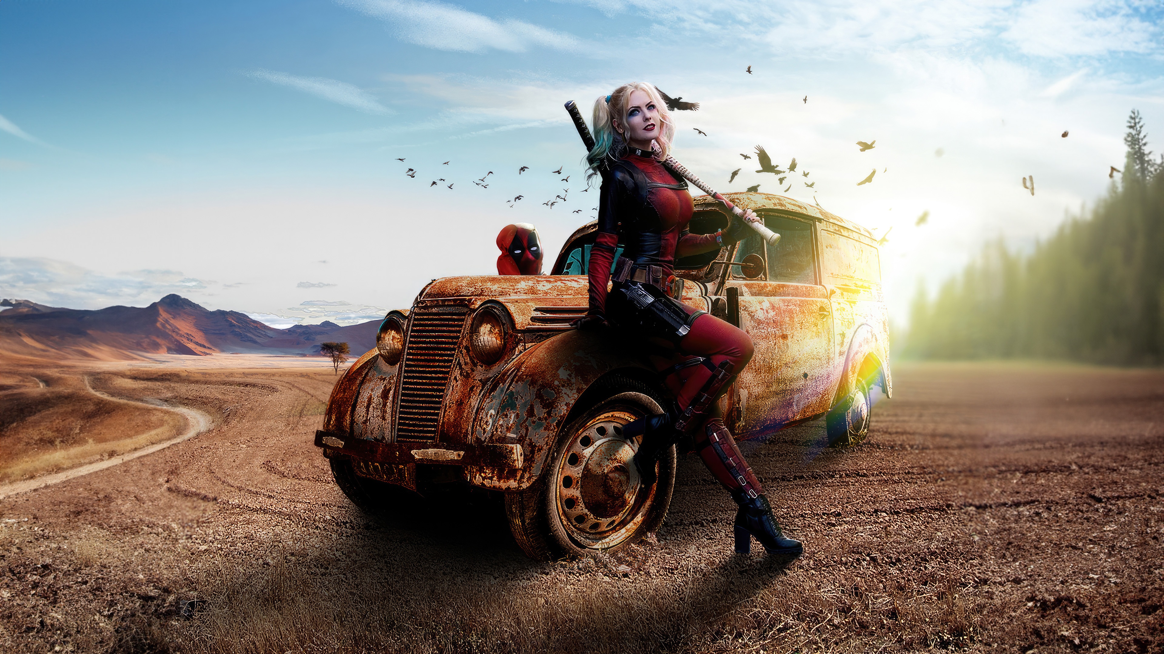 Female Deadpool and Deadpool in a rusty car HD Wallpaper