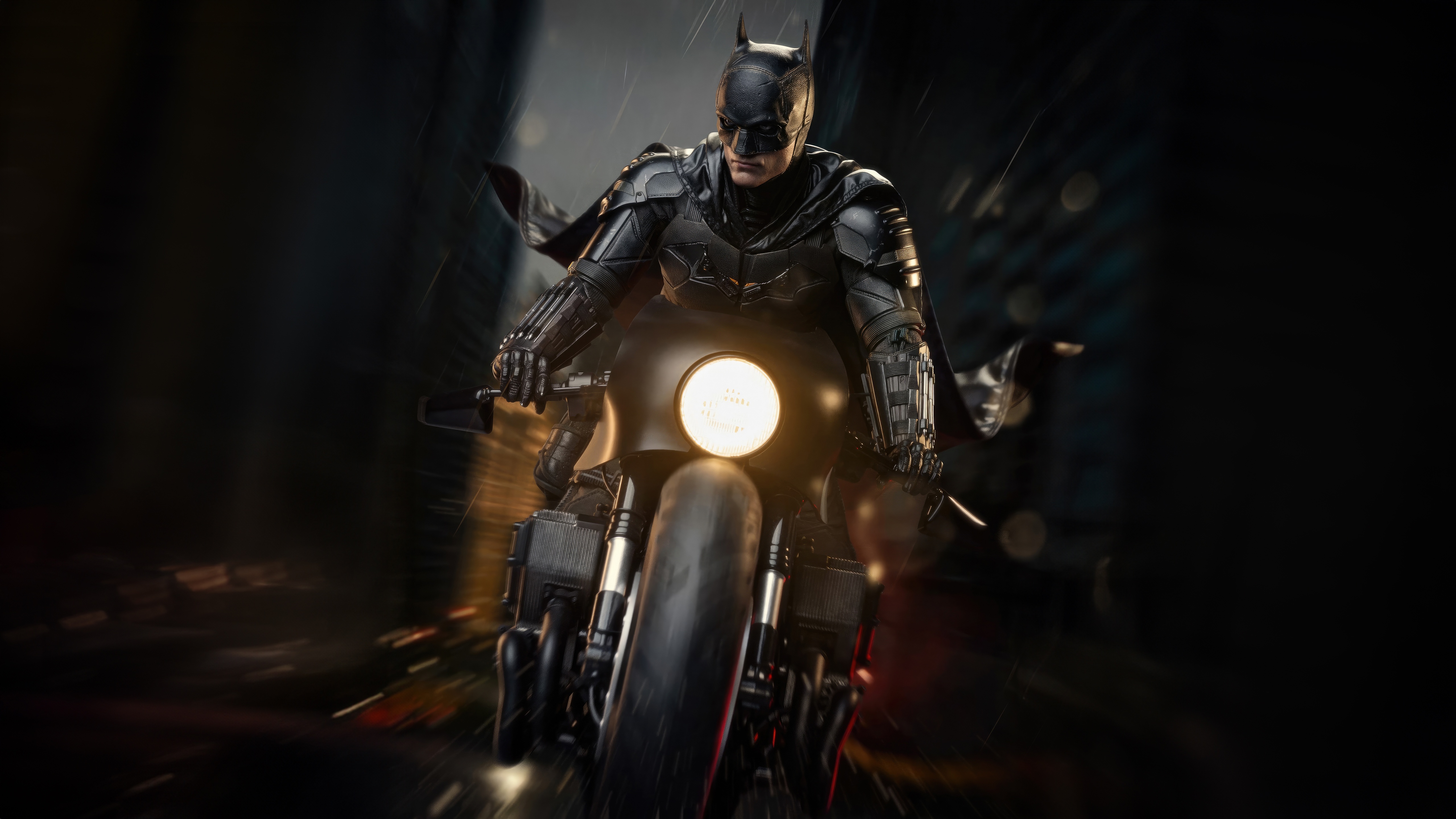 The Batman rides his Batcycle through a dark city HD Wallpaper