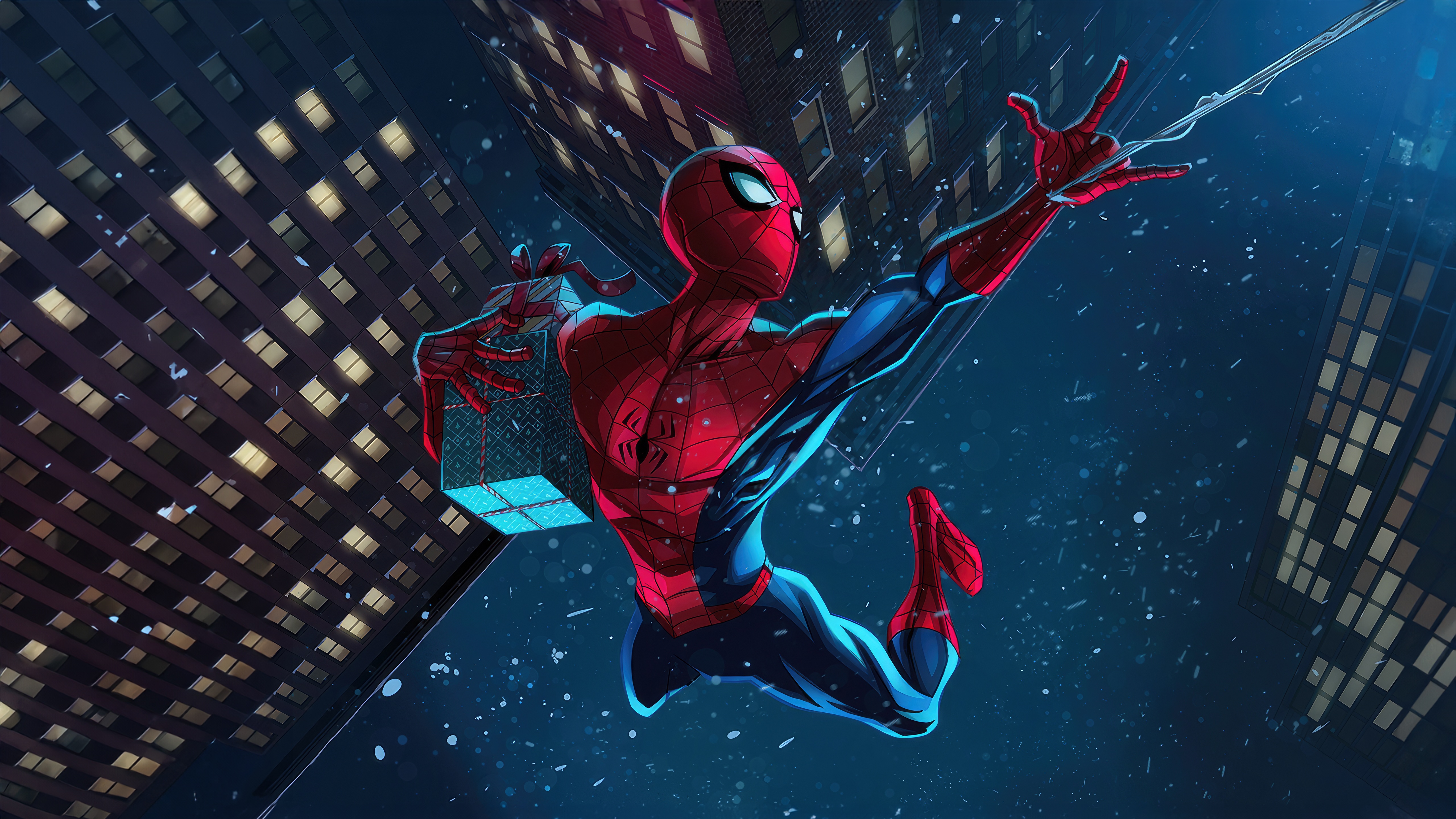 Spider-Man Swings Through City with Gift HD Wallpaper