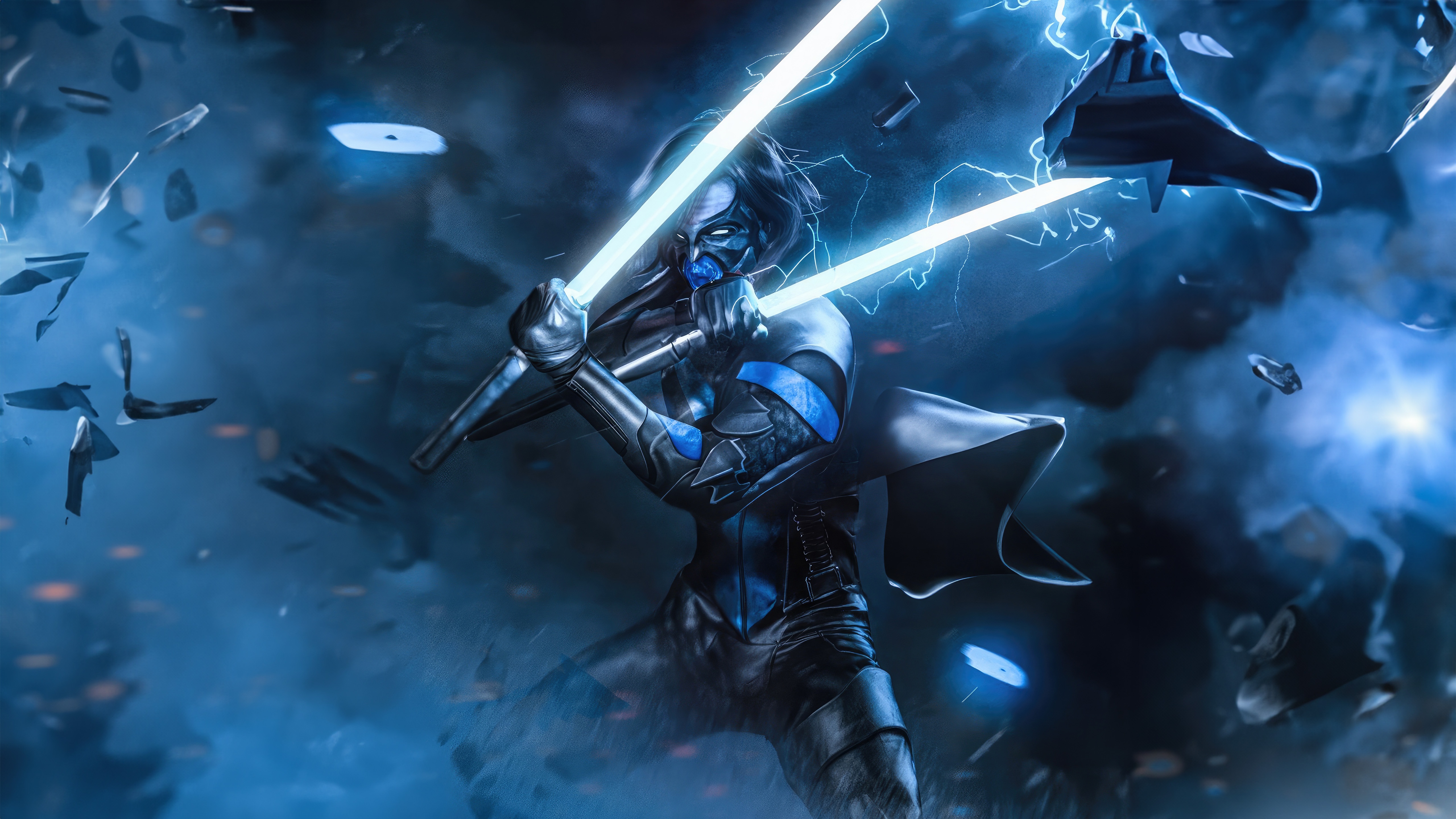 Nightwing dual-wielding lightsabers in battle HD Wallpaper