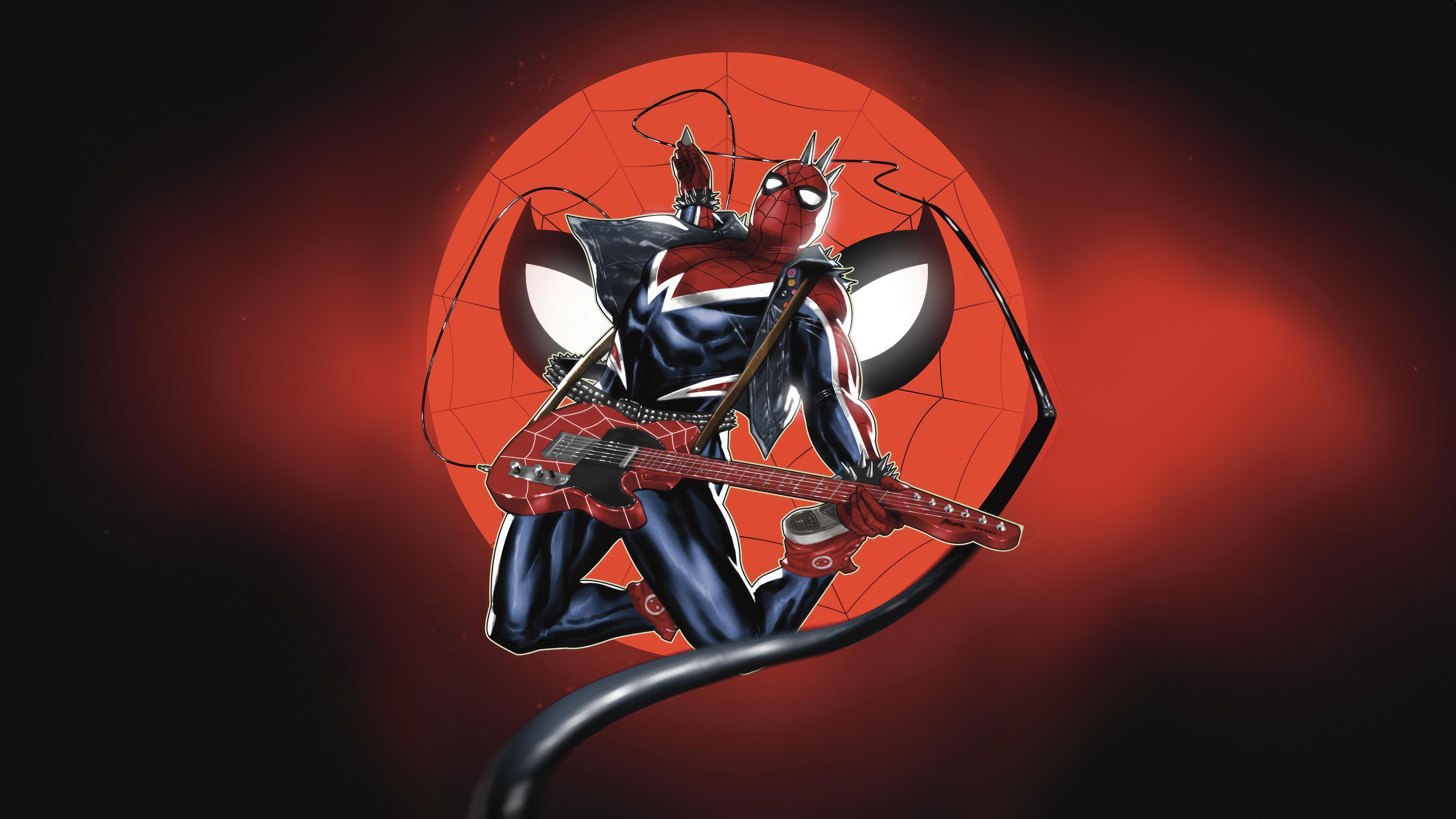 Spider-Punk Playing Guitar with Spider-Man Background HD Wallpaper