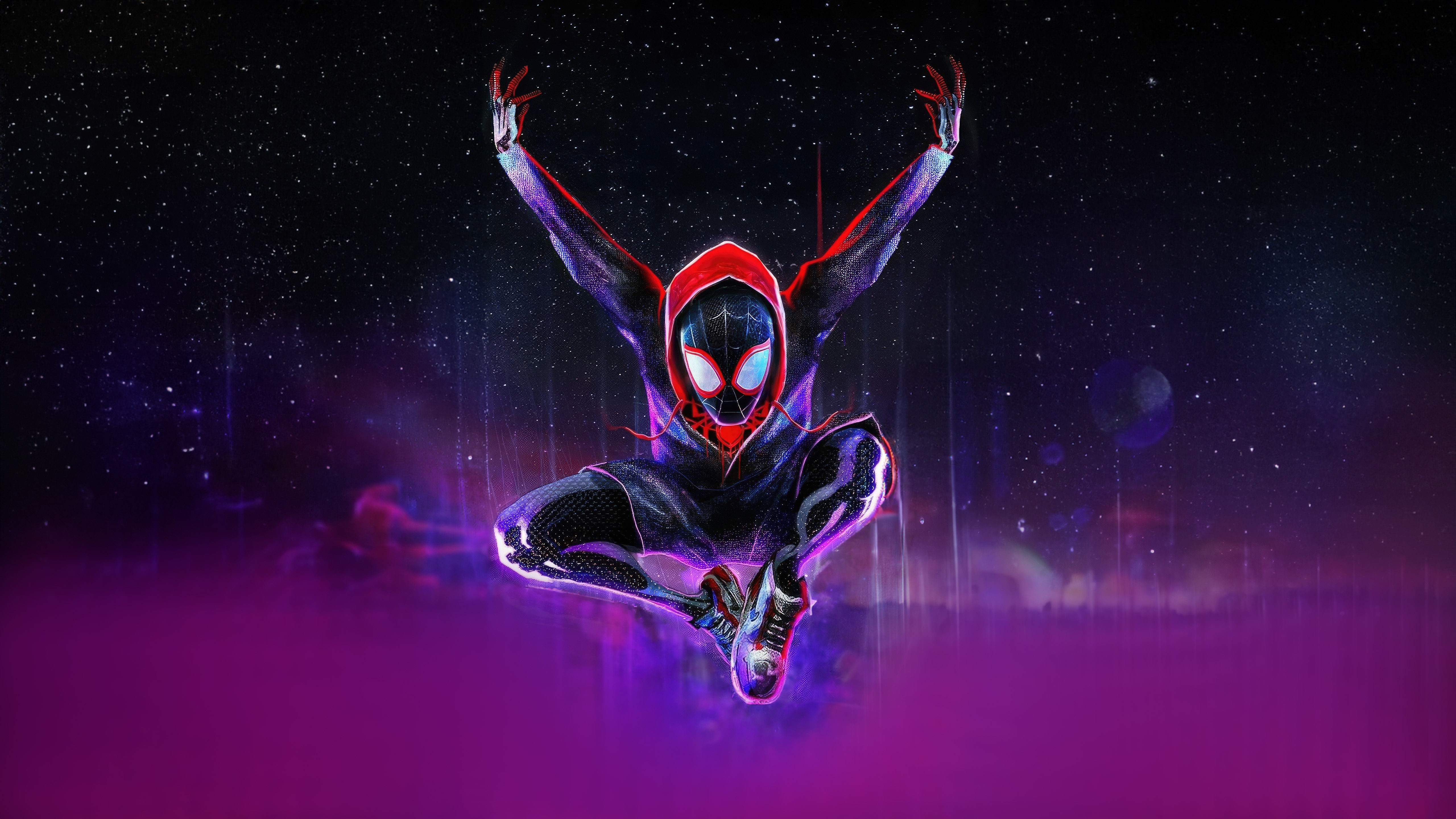 Miles Morales in a dynamic pose against a starry background HD Wallpaper