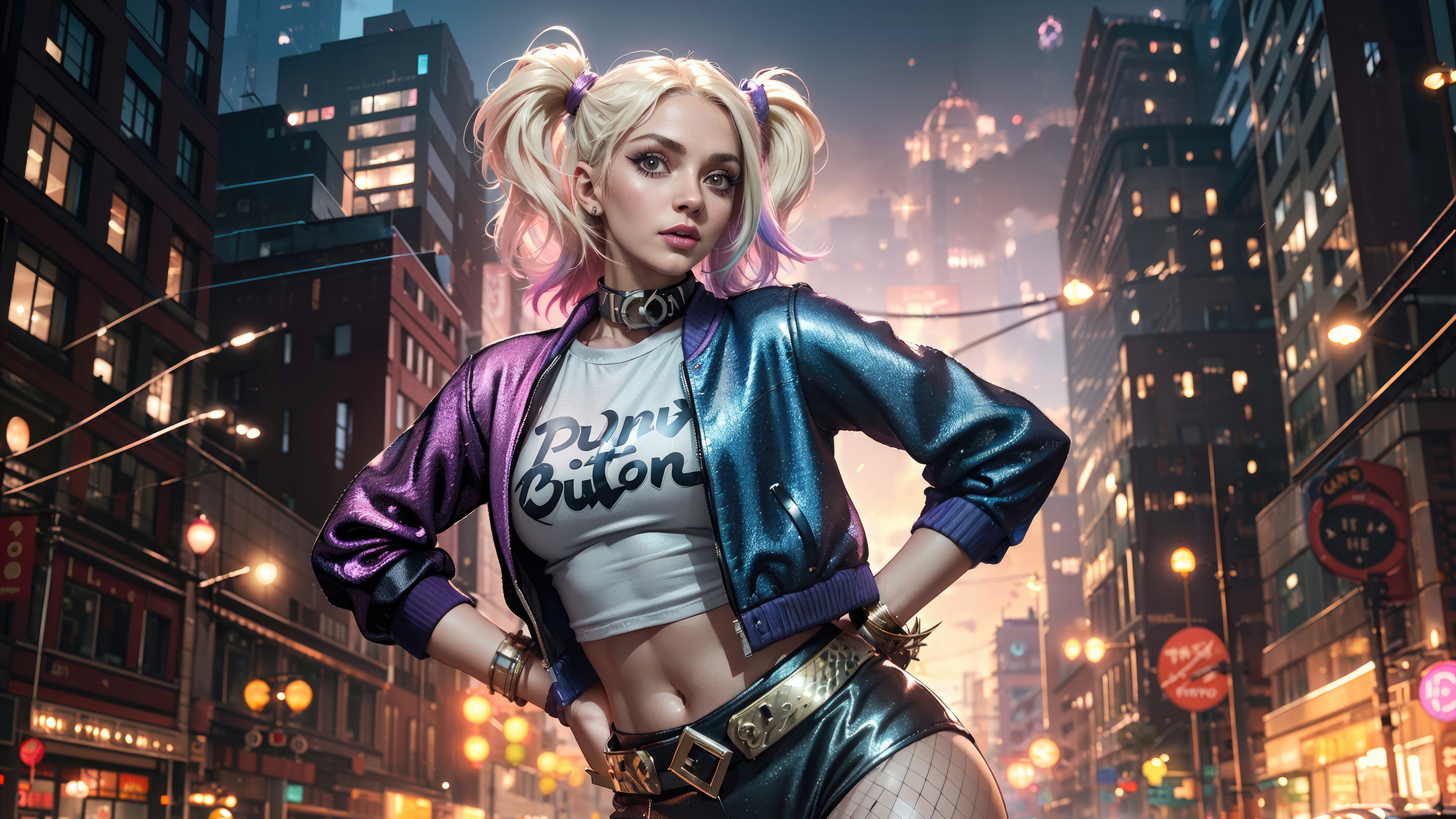 Harley Quinn in a Shiny Jacket in a City at Night HD Wallpaper