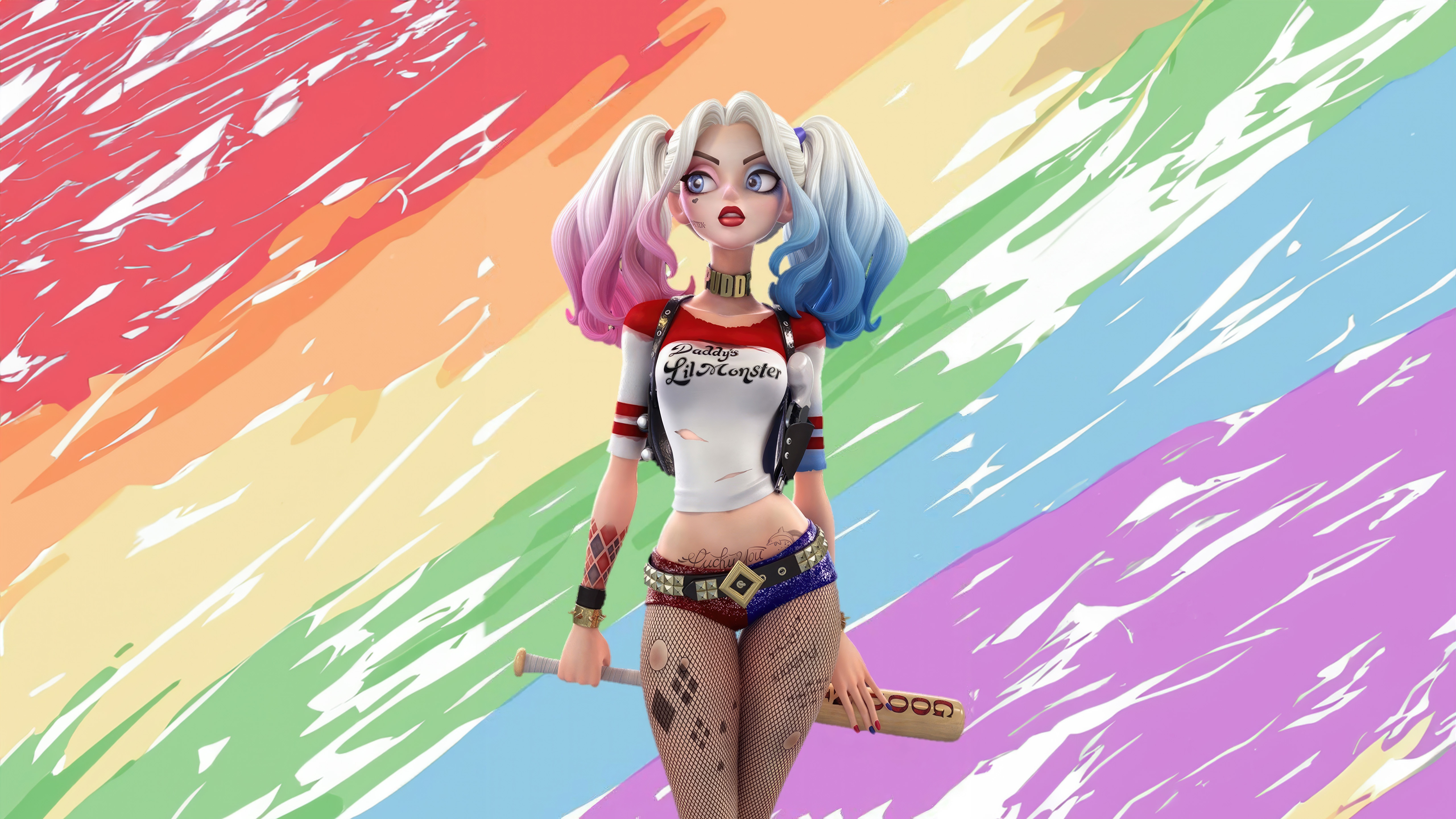 Harley Quinn with Baseball Bat on Rainbow Background HD Wallpaper