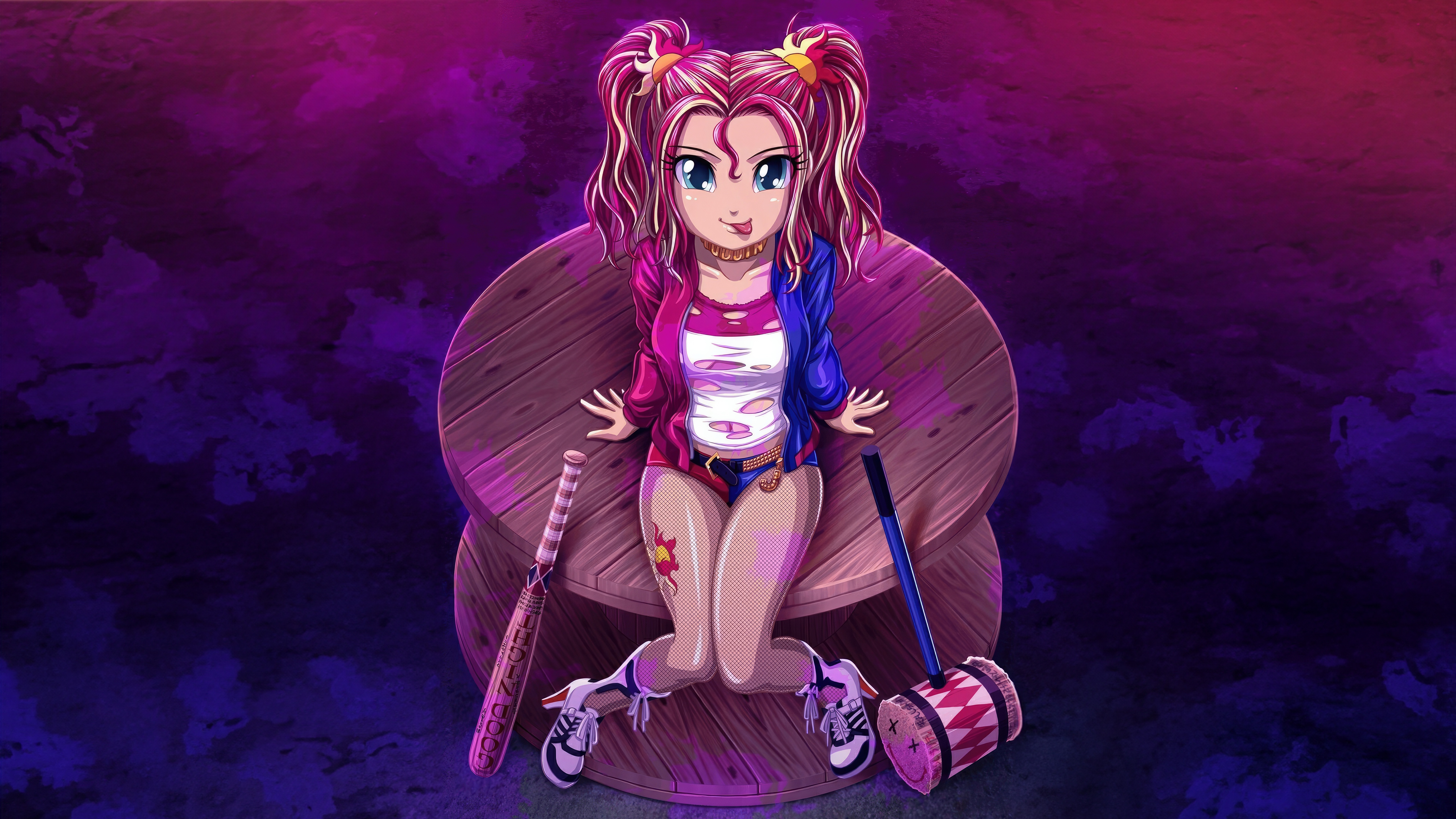 Anime Harley Quinn sitting on a wooden spool HD Wallpaper