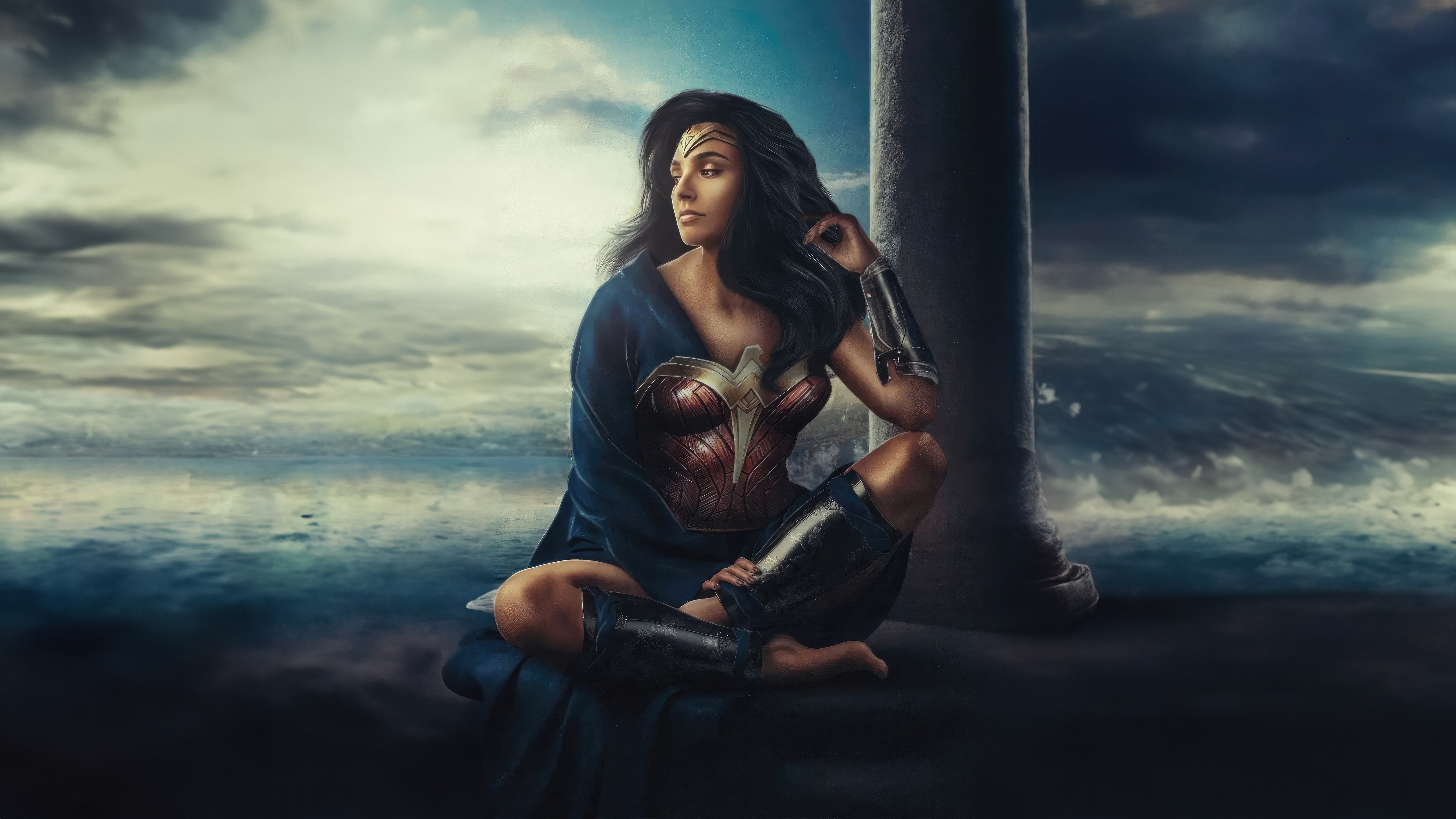 Wonder Woman sitting by a column near the sea HD Wallpaper